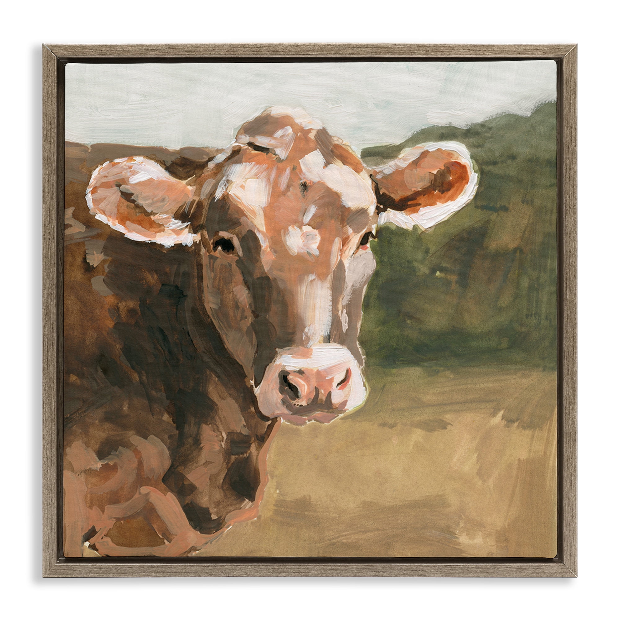 Stupell Industries Soft Country Meadow Cow Animals & Insects Painting Brown Floater Framed Canvas Art Print Wall Art, 25 x 25