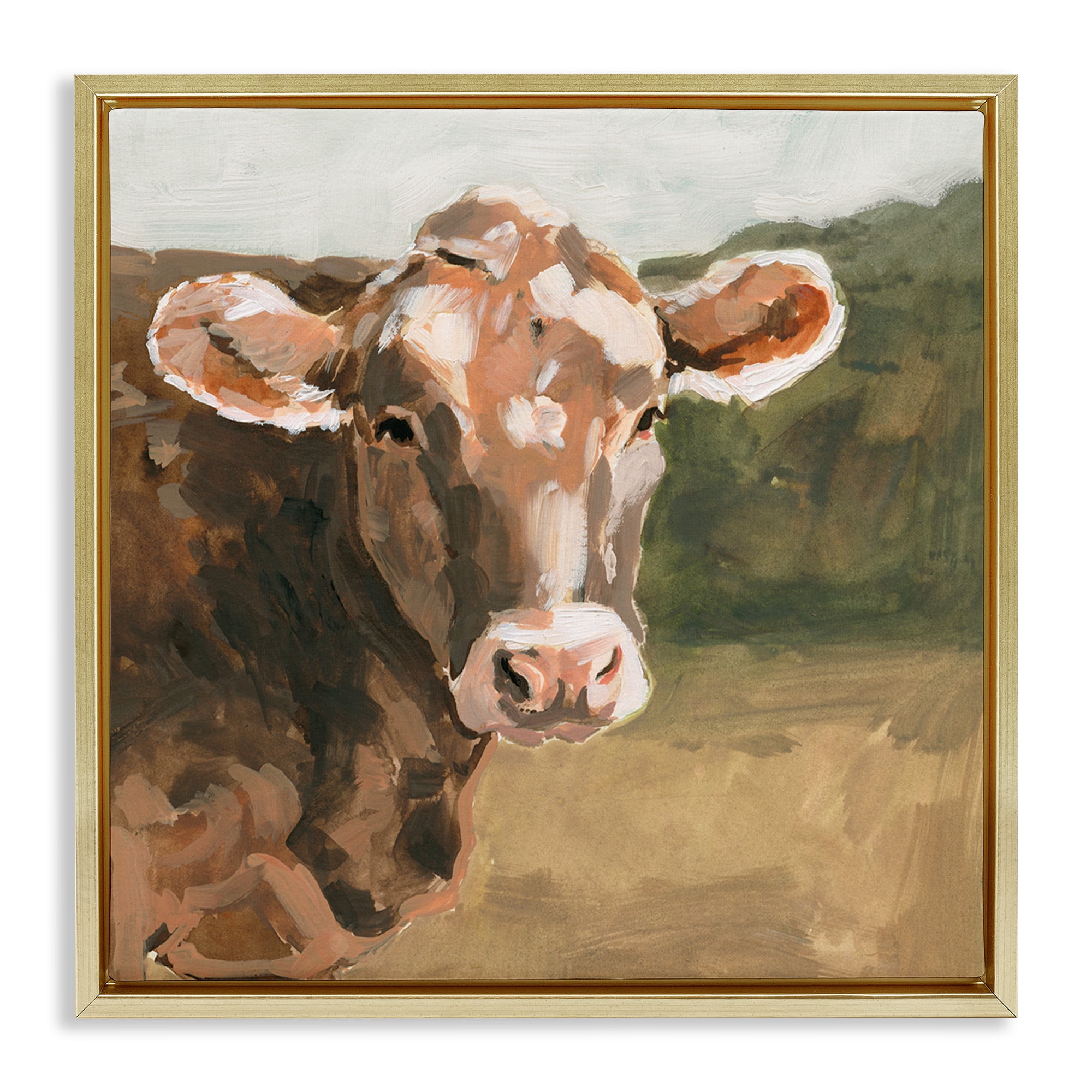 Stupell Industries Soft Country Meadow Cow Animals & Insects Painting Gold Floater Framed Canvas Art Print Wall Art, 25 x 25