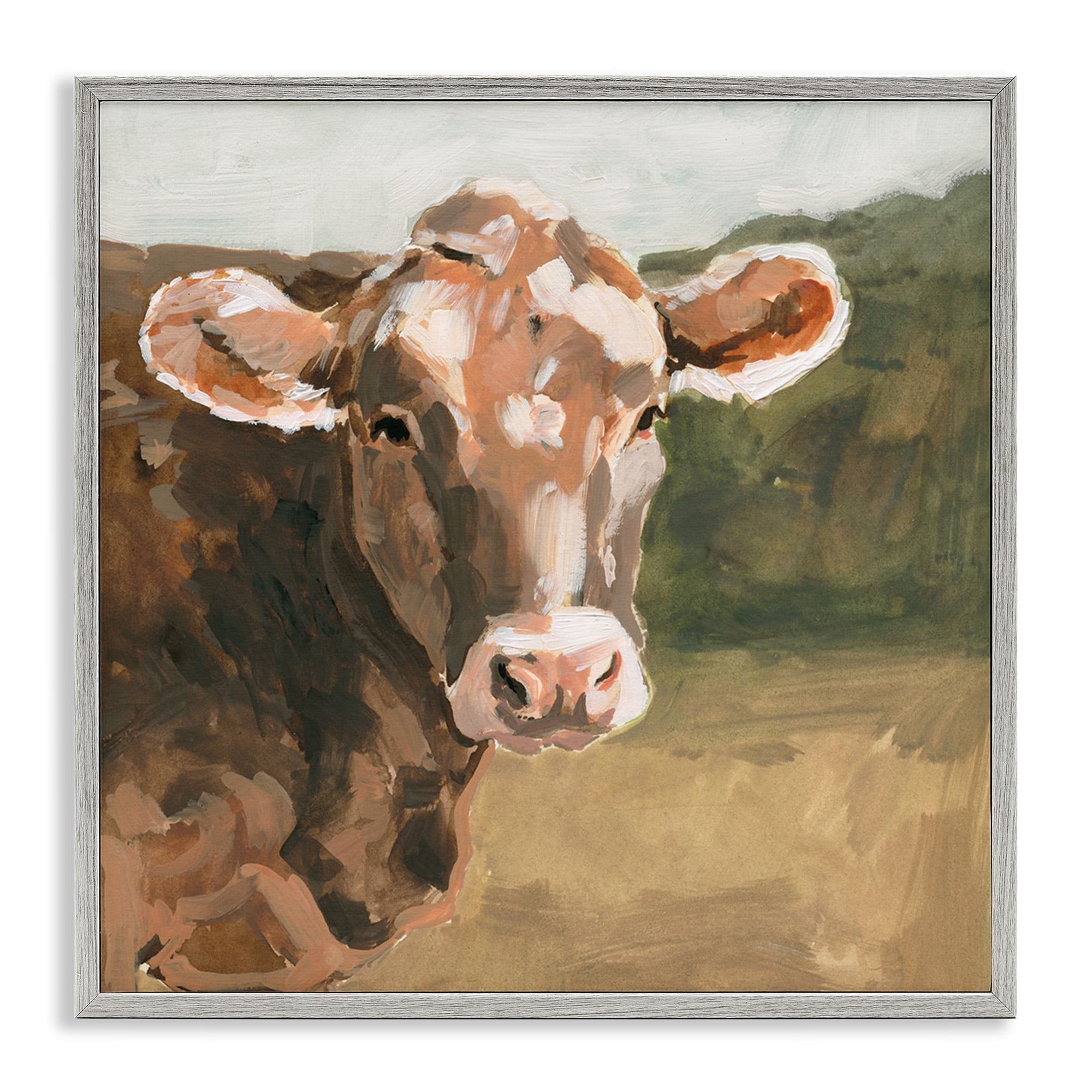 Stupell Industries Soft Country Meadow Cow Animals & Insects Painting Gray Framed Art Print Wall Art, 17 x 17