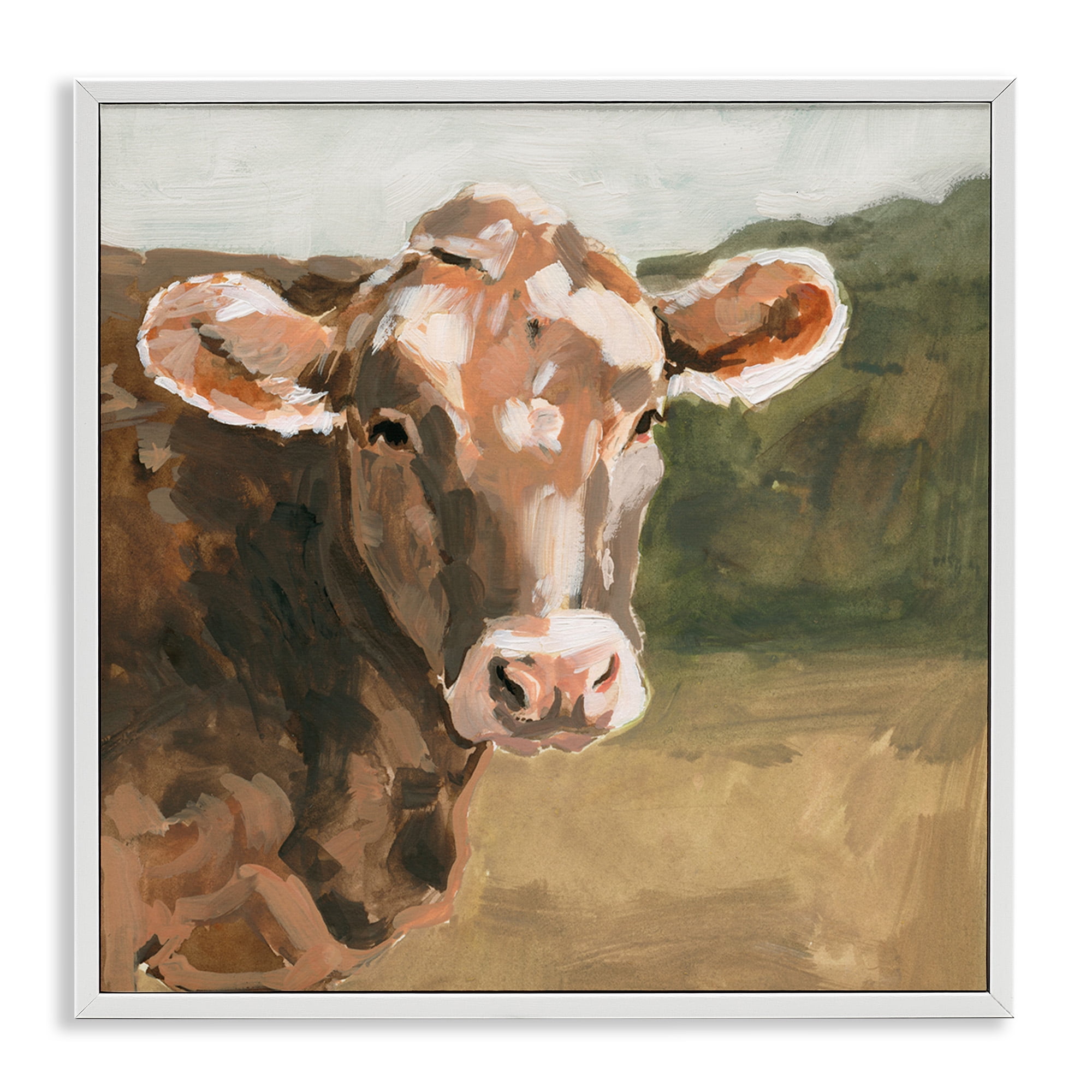 Stupell Industries Soft Country Meadow Cow Animals & Insects Painting White Framed Art Print Wall Art, 17 x 17
