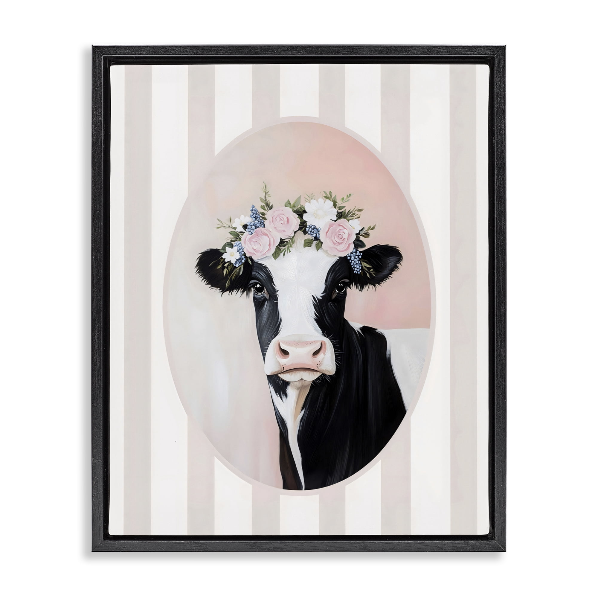 Stupell Industries Soft Cow with Floral Crown Black Framed Floater Canvas Wall Art, design by Arlington Prints