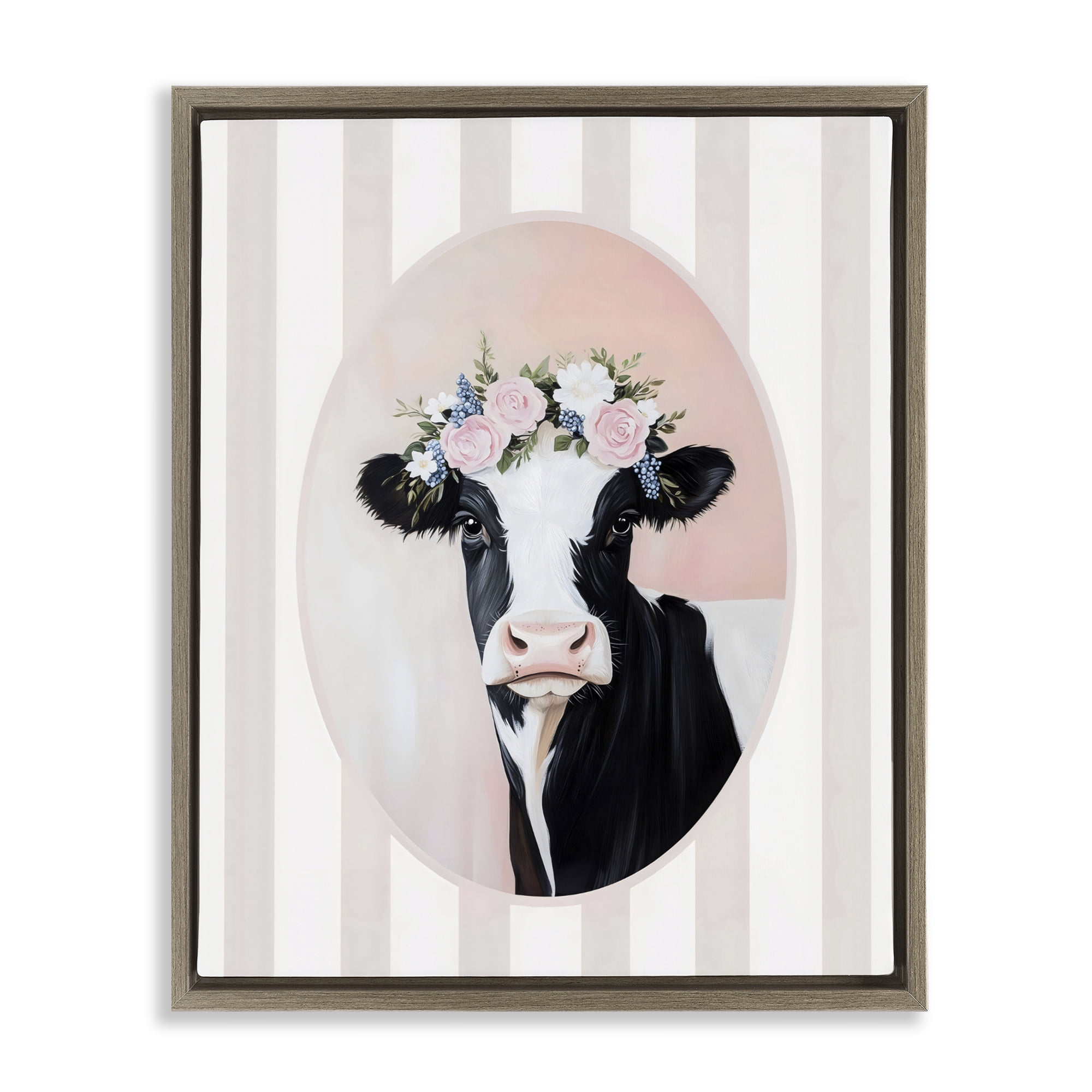 Stupell Industries Soft Cow with Floral Crown Brown Framed Floater Canvas Wall Art, design by Arlington Prints