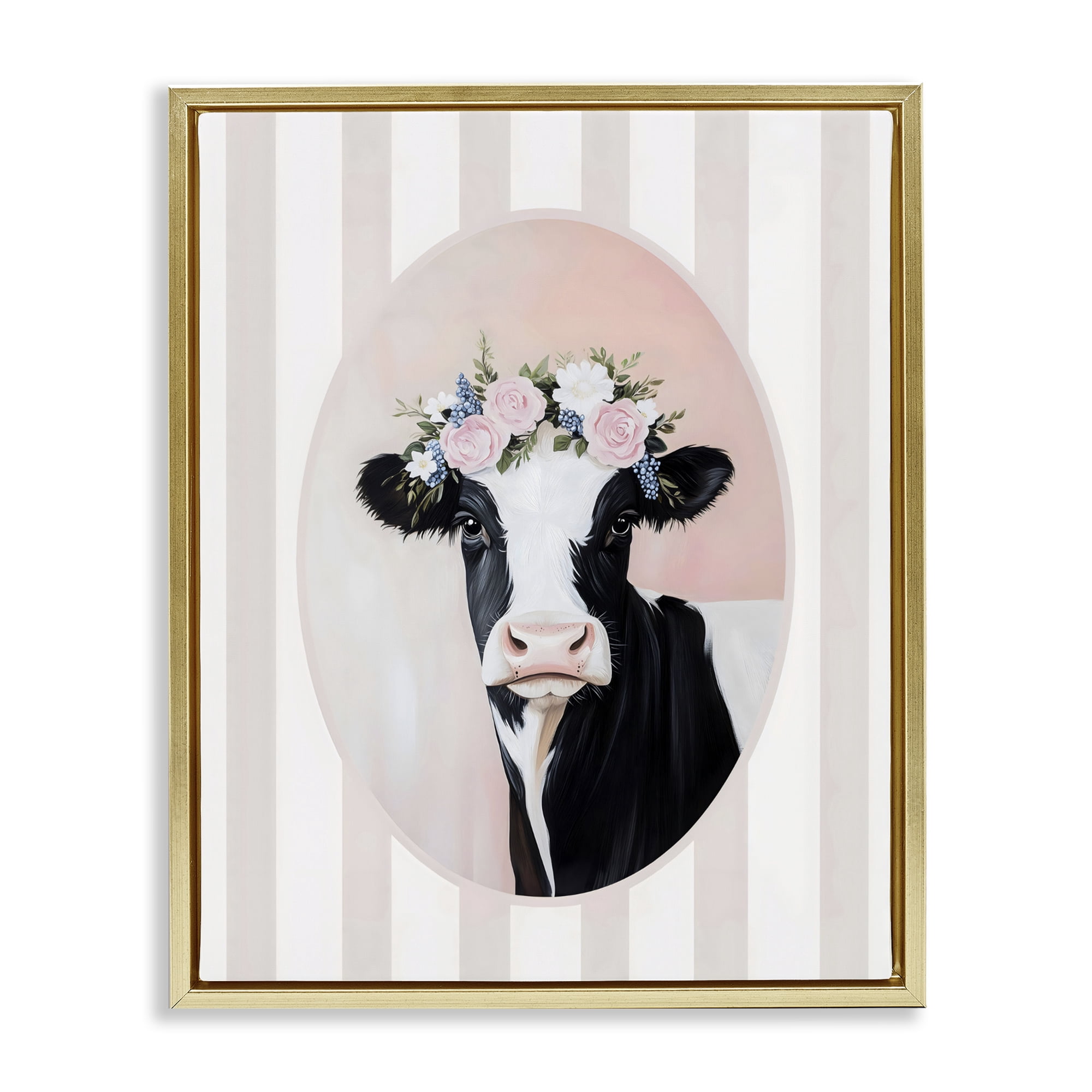 Stupell Industries Soft Cow with Floral Crown Gold Framed Floater Canvas Wall Art, design by Arlington Prints