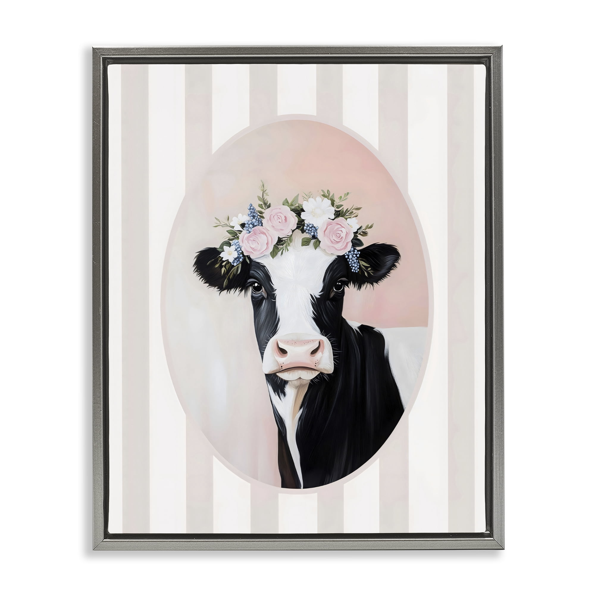 Stupell Industries Soft Cow with Floral Crown Gray Framed Floater Canvas Wall Art, design by Arlington Prints
