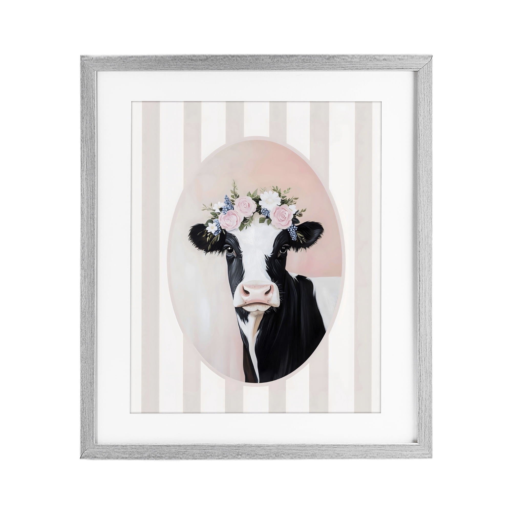 Stupell Industries Soft Cow with Floral Crown Gray Framed Print Under Glass, design by Arlington Prints