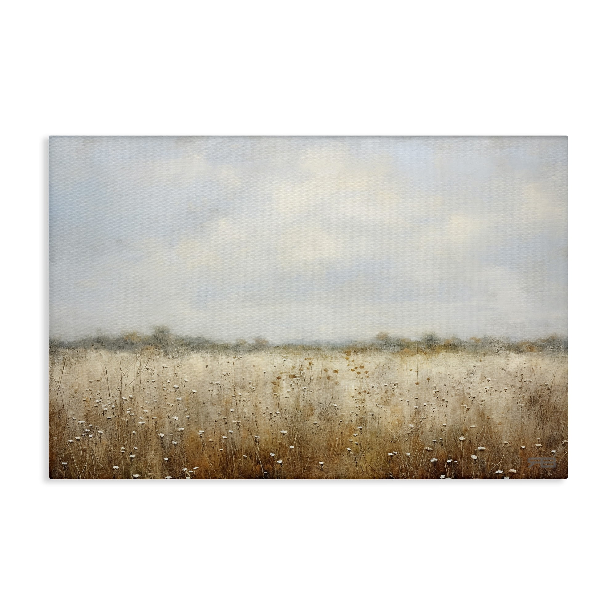 Soft Daisy Field Landscape Canvas Art in Beige and Brown