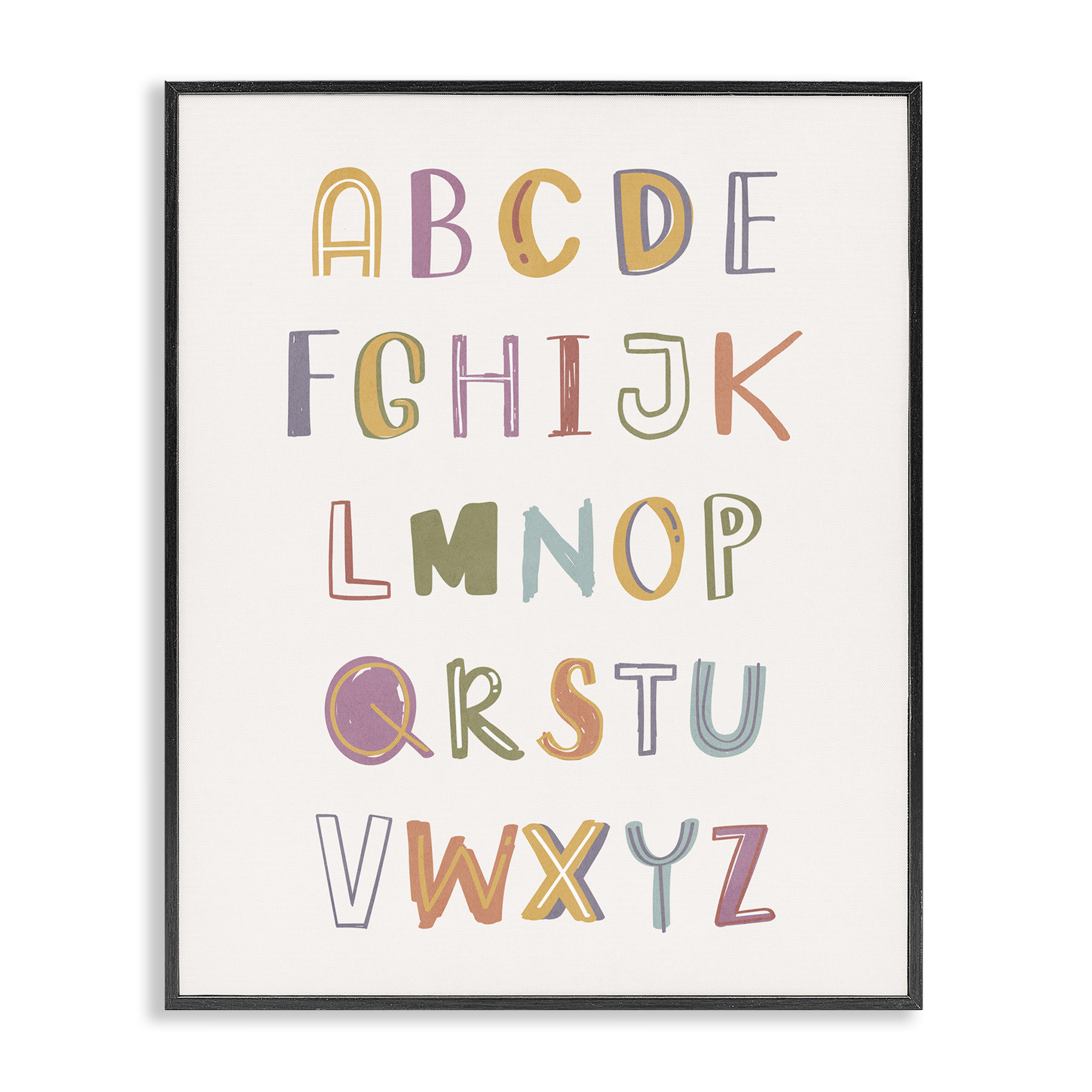 Stupell Industries Soft Doodle Alphabet Education Painting Black Framed Art Print Wall Art, 24 x 30