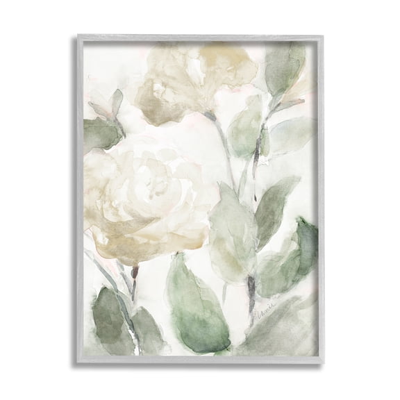 Stupell Industries Soft Edge White Roses Blooming Charming Abstract Florals Botanical & Floral Painting Gray Framed Art Print Wall Art, 16 x 20