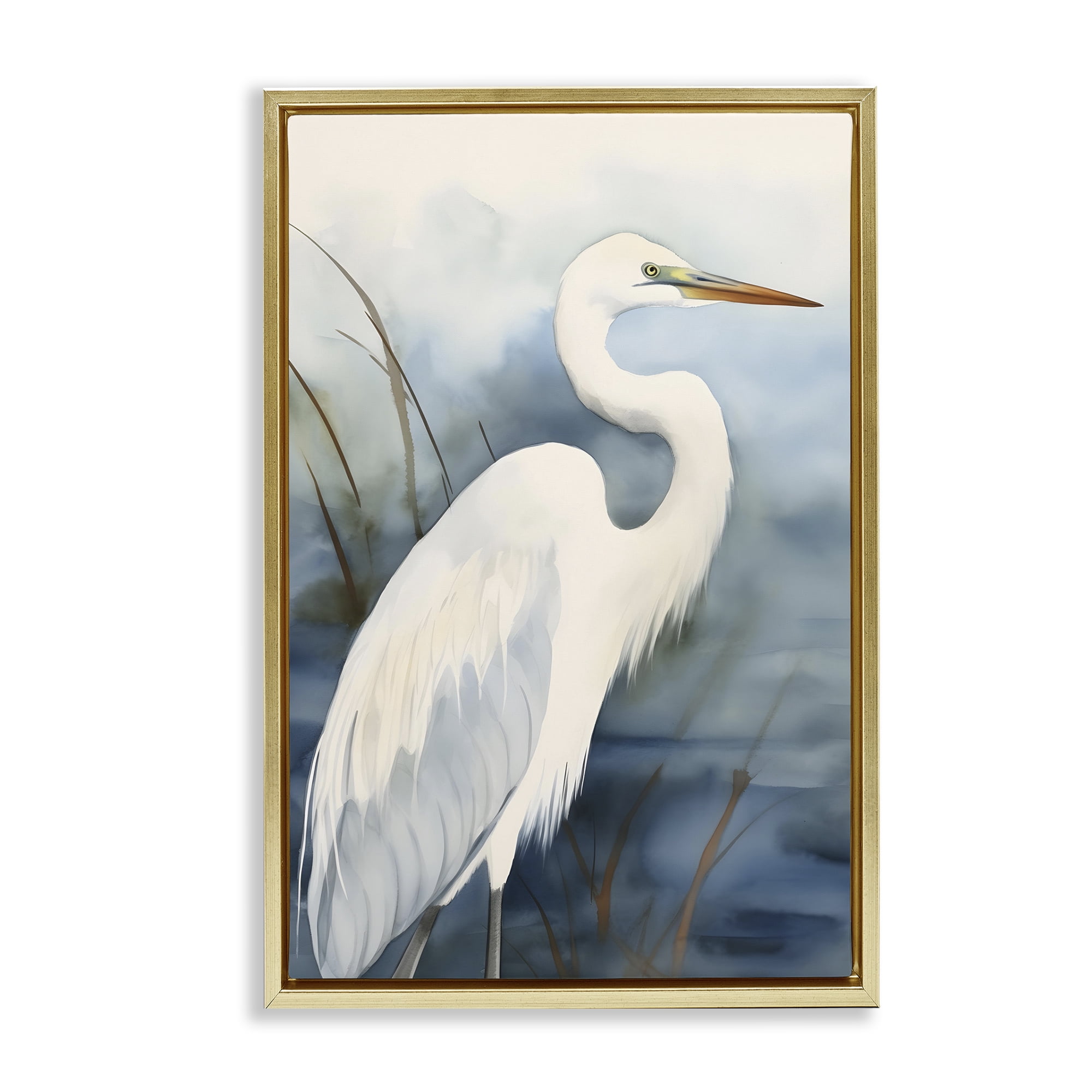 Stupell Industries Soft Egret Impression Animals & Insects Painting Gold Floater Framed Canvas Art Print Wall Art, 21 x 31