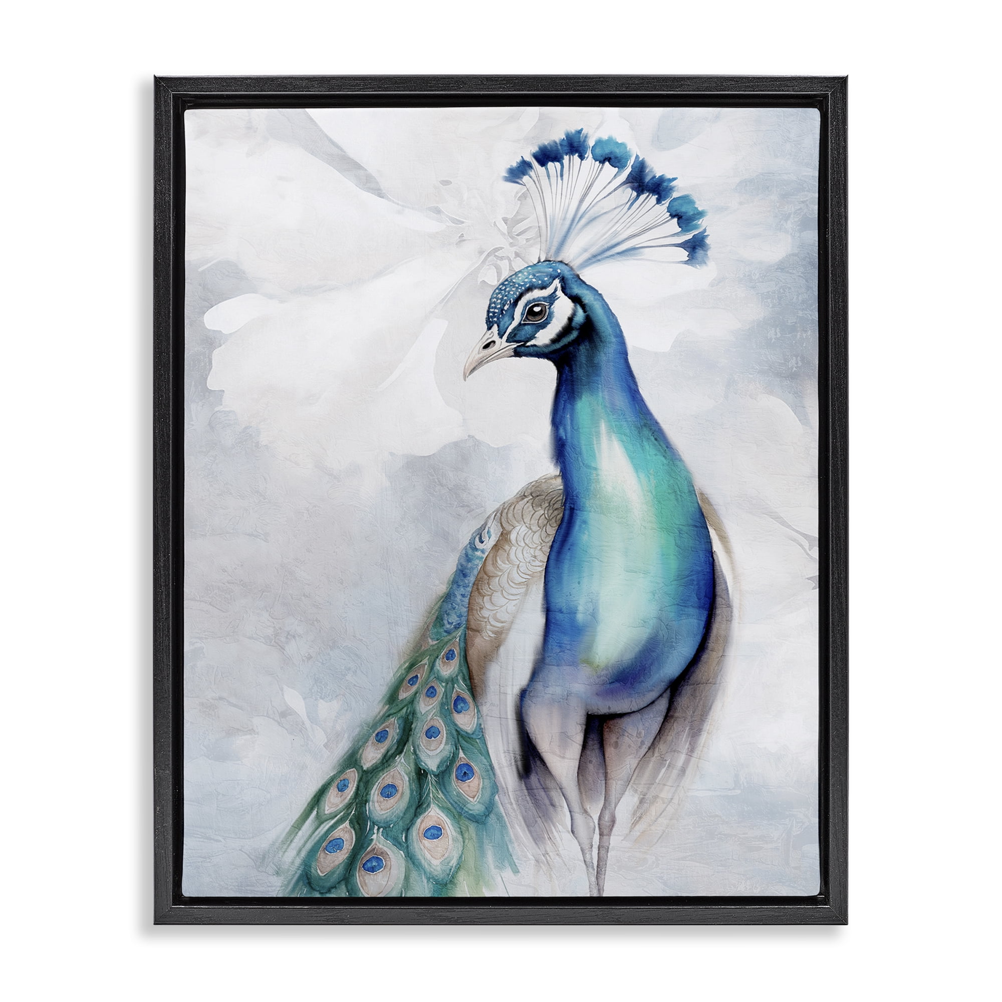 Stupell Industries Soft Elegant Peacock Portrait Animals Painting Black Floater Framed Canvas Art Print Wall Art, 25 x 31