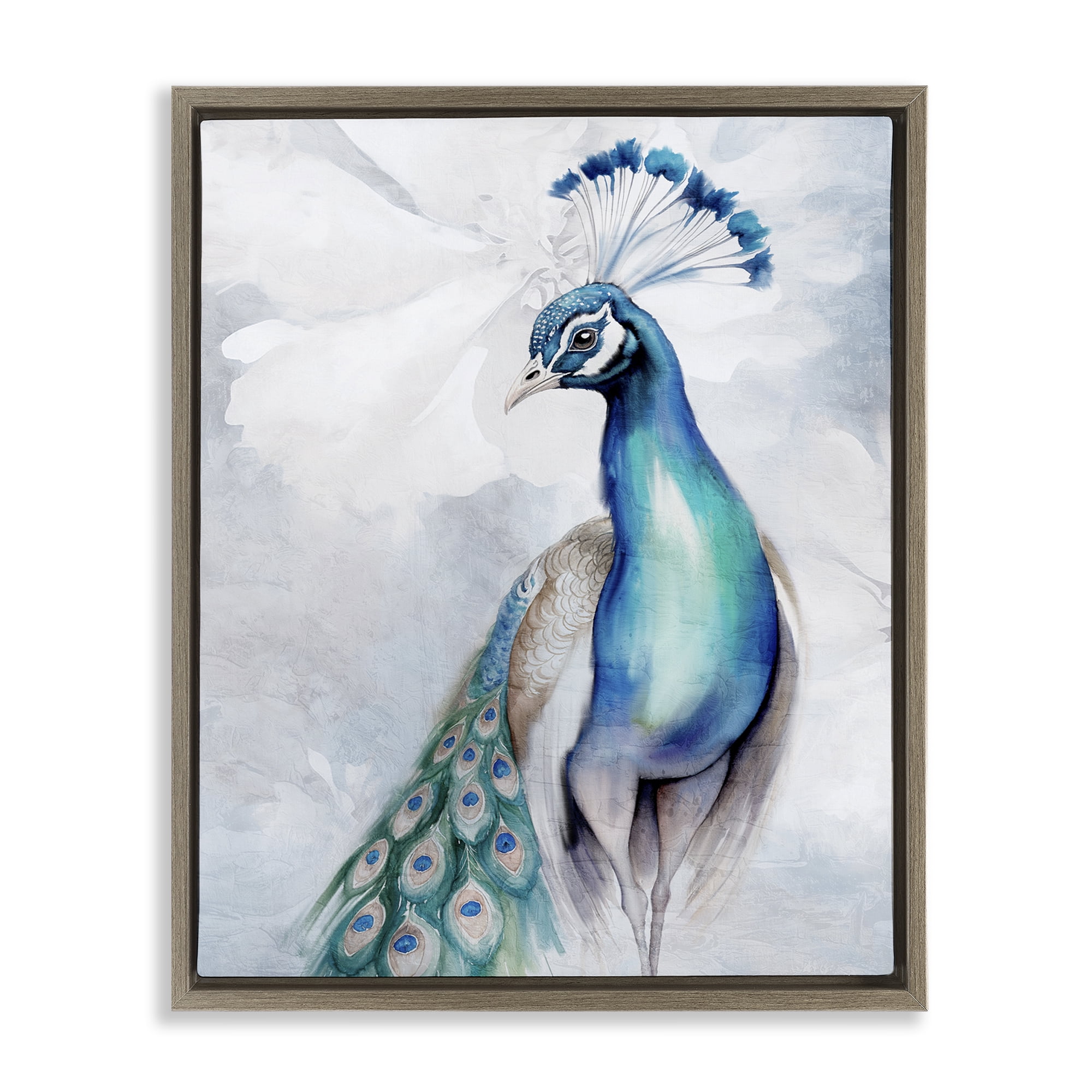 Stupell Industries Soft Elegant Peacock Portrait Animals Painting Brown Floater Framed Canvas Art Print Wall Art, 25 x 31