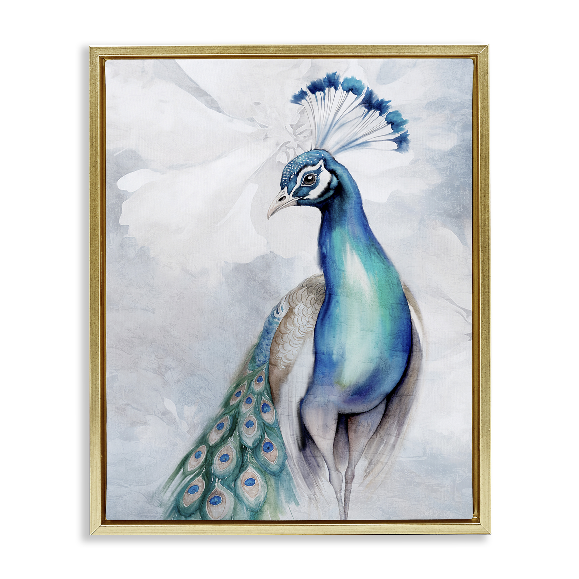 Stupell Industries Soft Elegant Peacock Portrait Animals Painting Gold Floater Framed Canvas Art Print Wall Art, 17 x 21