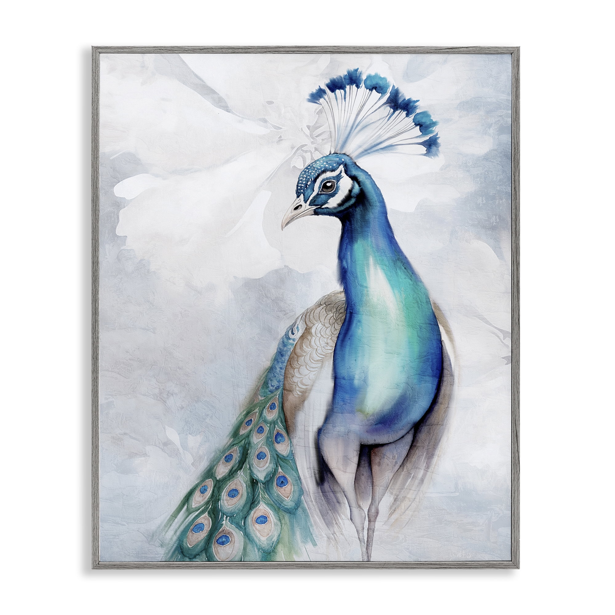 Stupell Industries Soft Elegant Peacock Portrait Animals Painting Gray Framed Art Print Wall Art, 24 x 30