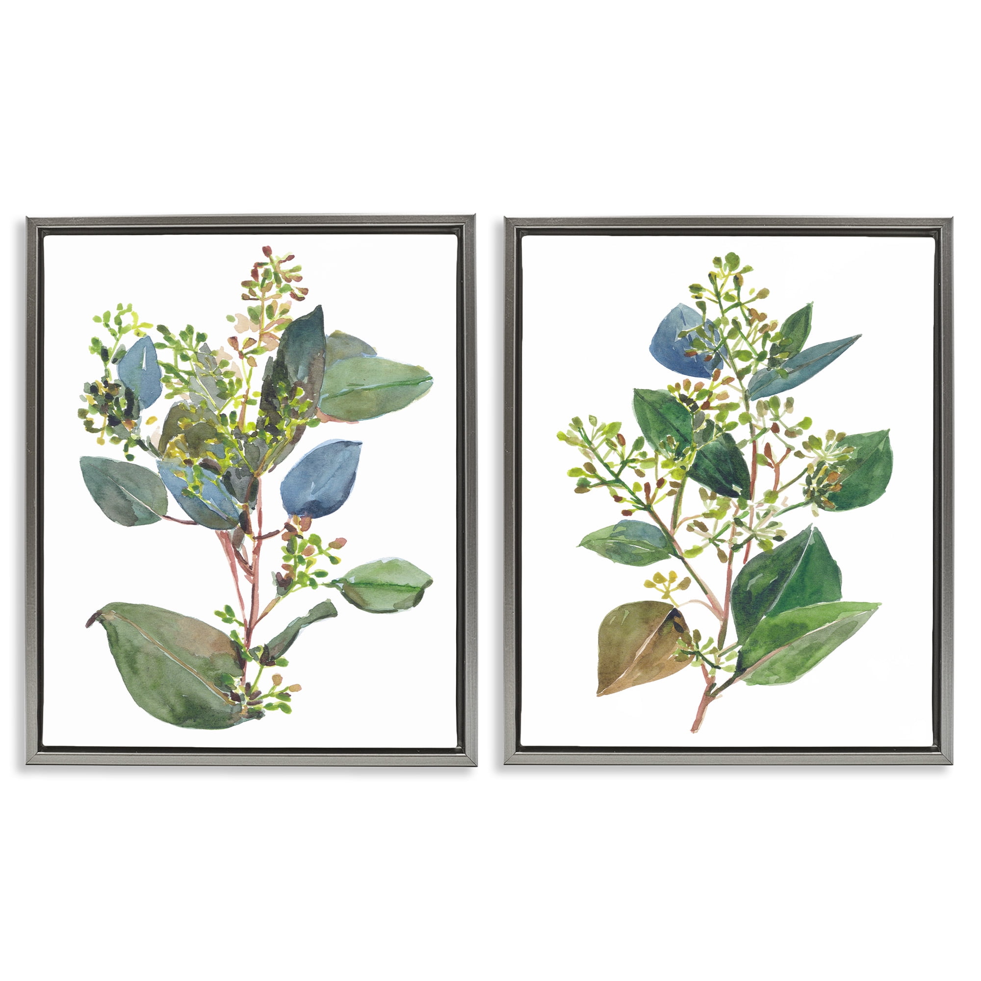Stupell Industries Soft Eucalyptus Plant Ombre Leaves Botanical & Floral Painting Gray Floater Framed Canvas Art Print Wall Art, 17 x 21, Set of 2