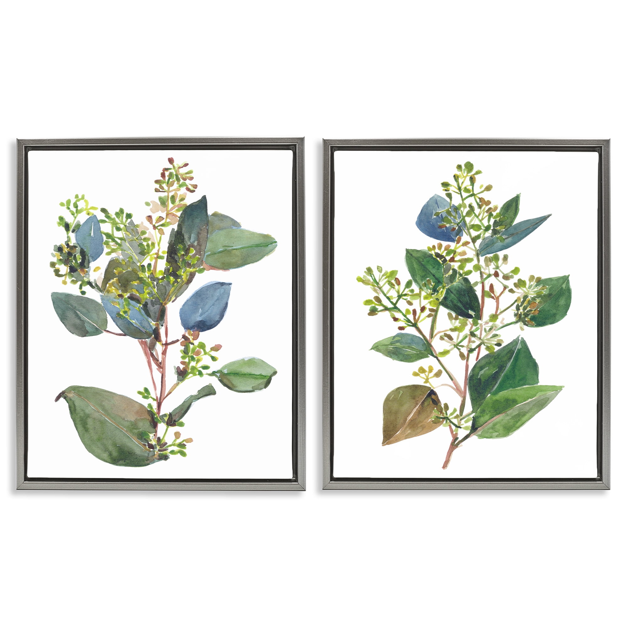 Stupell Industries Soft Eucalyptus Plant Ombre Leaves Botanical & Floral Painting Gray Floater Framed Canvas Art Print Wall Art, 25 x 31, Set of 2