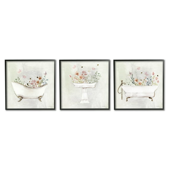 Stupell Industries Soft Floral Bathroom Scenes Botanical & Floral Painting Black Framed Art Print Wall Art, 12 x 12, Set of 3