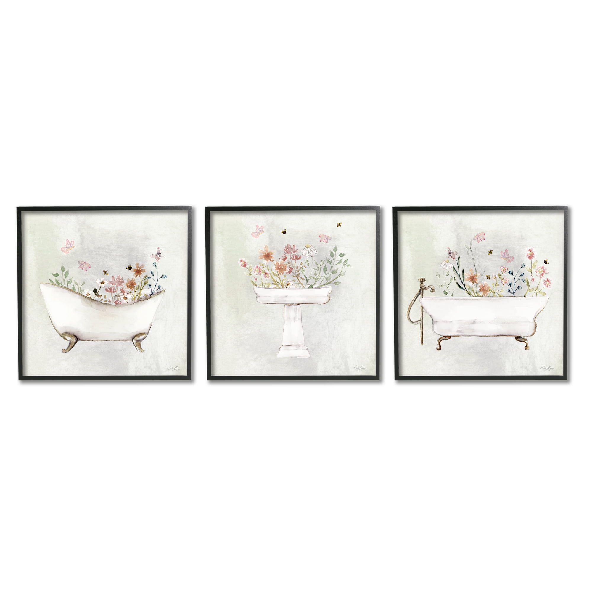 Stupell Industries Soft Floral Bathroom Scenes Botanical & Floral Painting Black Framed Art Print Wall Art, 17 x 17, Set of 3