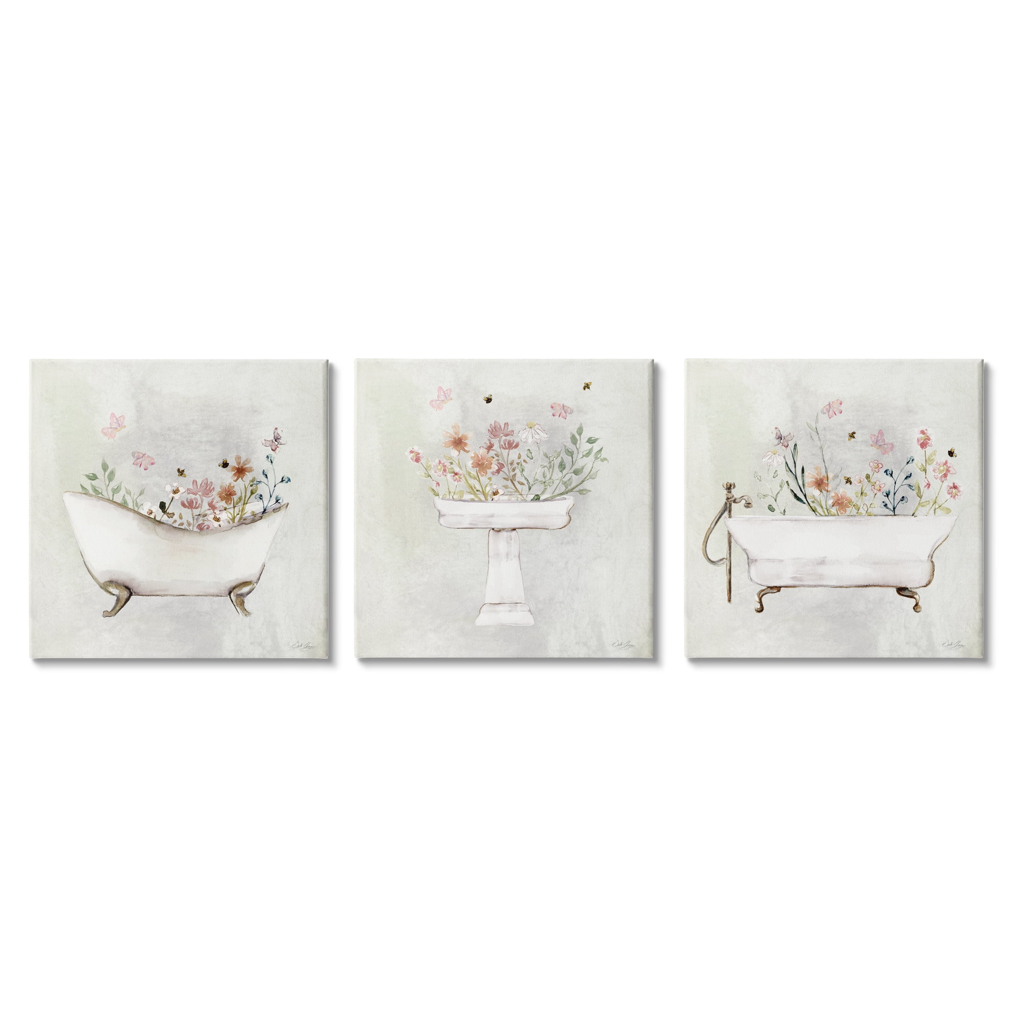 Stupell Industries Soft Floral Bathroom Scenes Botanical & Floral Painting Gallery Wrapped Canvas Art Print Wall Art, 17 x 17, Set of 3