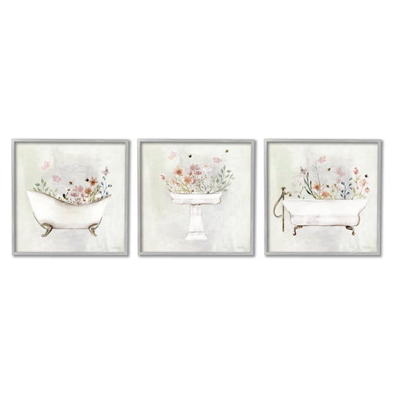 Stupell Industries Soft Floral Bathroom Scenes Botanical & Floral Painting Gray Framed Art Print Wall Art, 12 x 12, Set of 3
