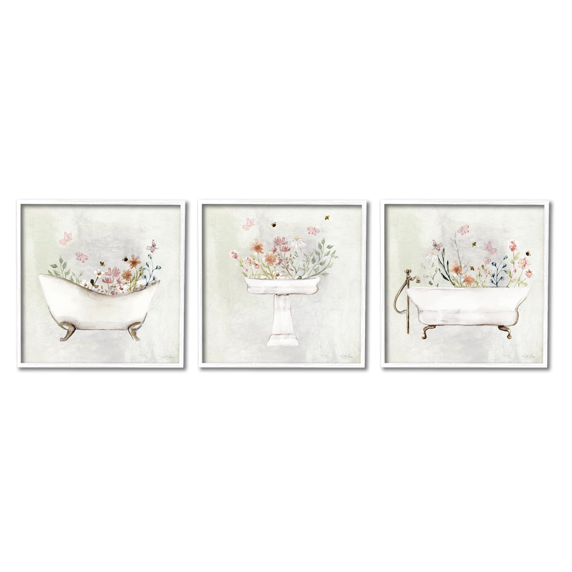 Stupell Industries Soft Floral Bathroom Scenes Botanical & Floral Painting White Framed Art Print Wall Art, 17 x 17, Set of 3