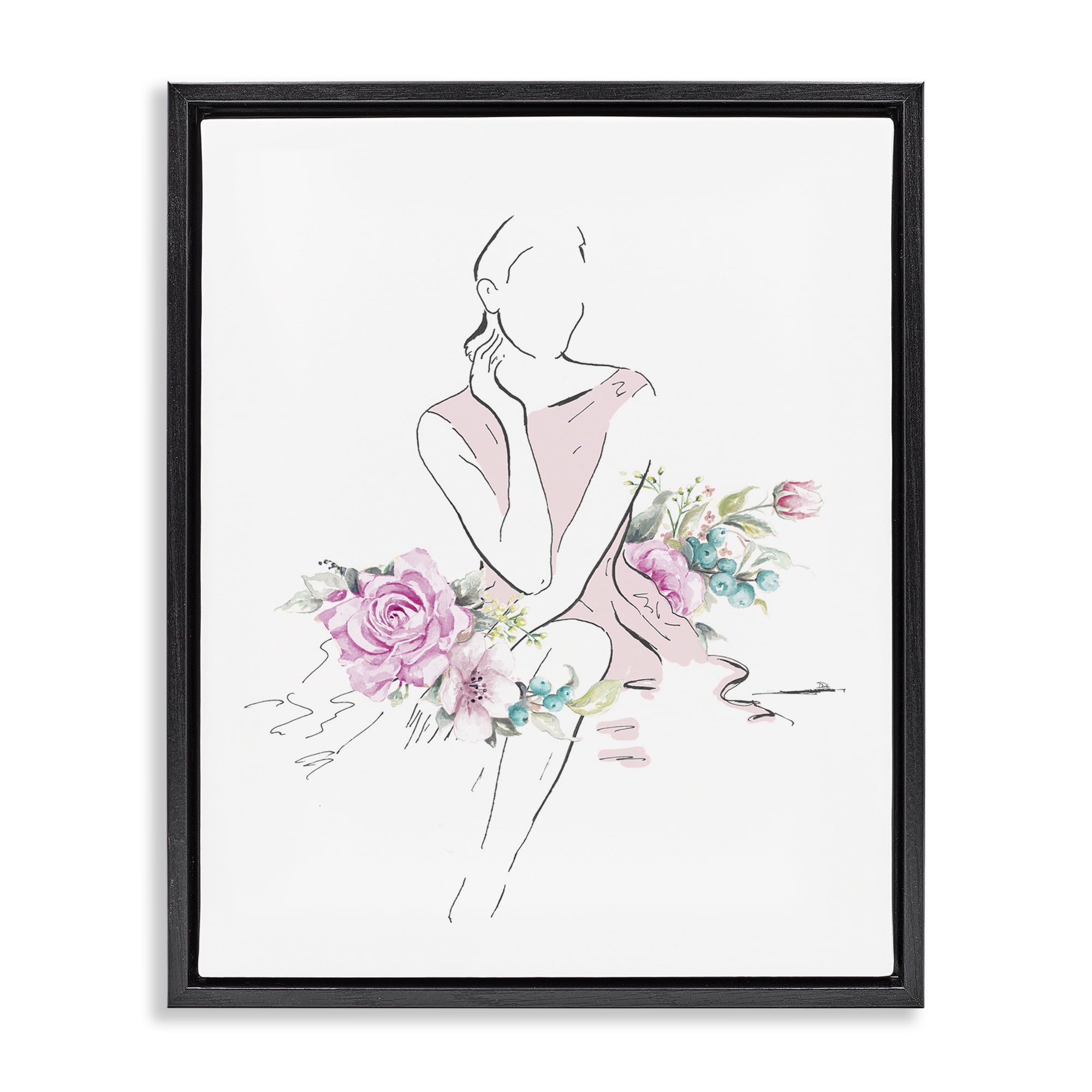 Stupell Industries Soft Floral Fashion Novelty Painting Black Floater Framed Art Print Wall Art, 25 x 31