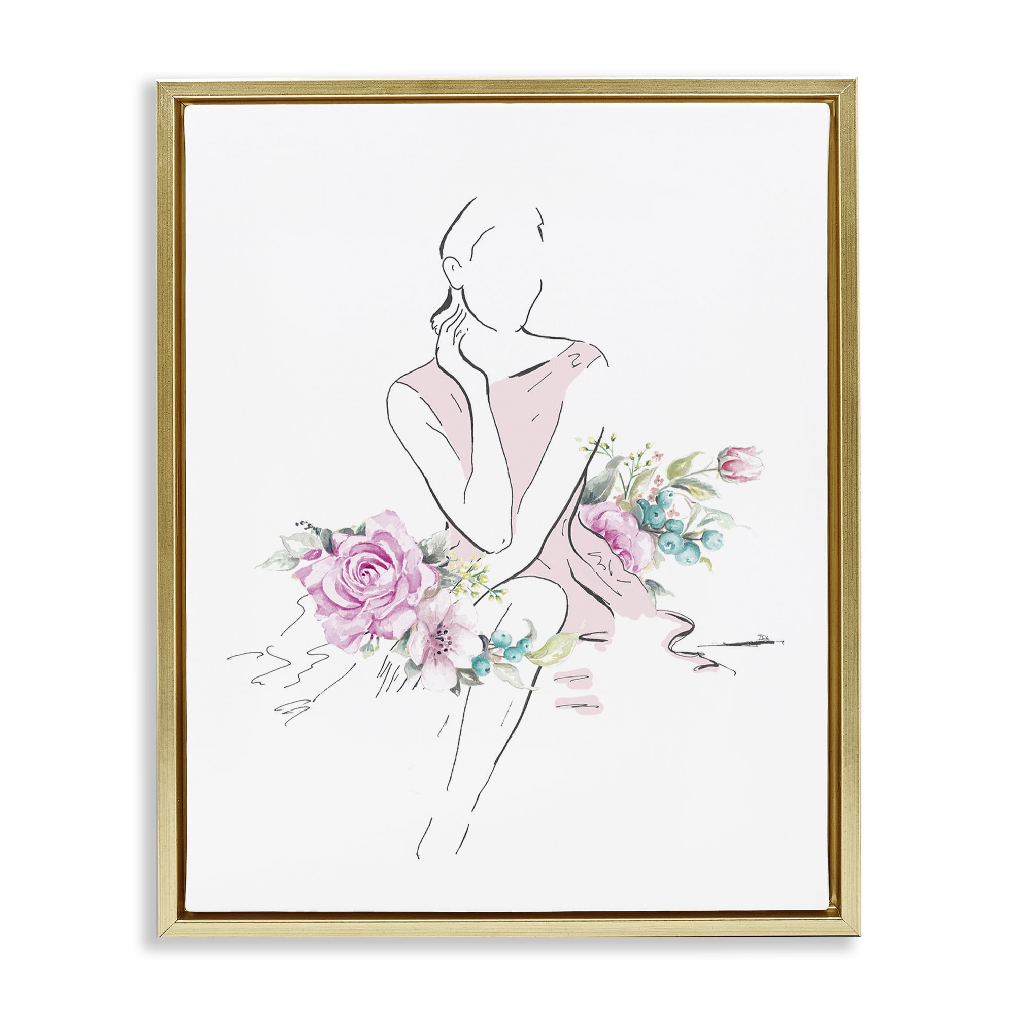 Stupell Industries Soft Floral Fashion Novelty Painting Gold Floater Framed Art Print Wall Art, 25 x 31