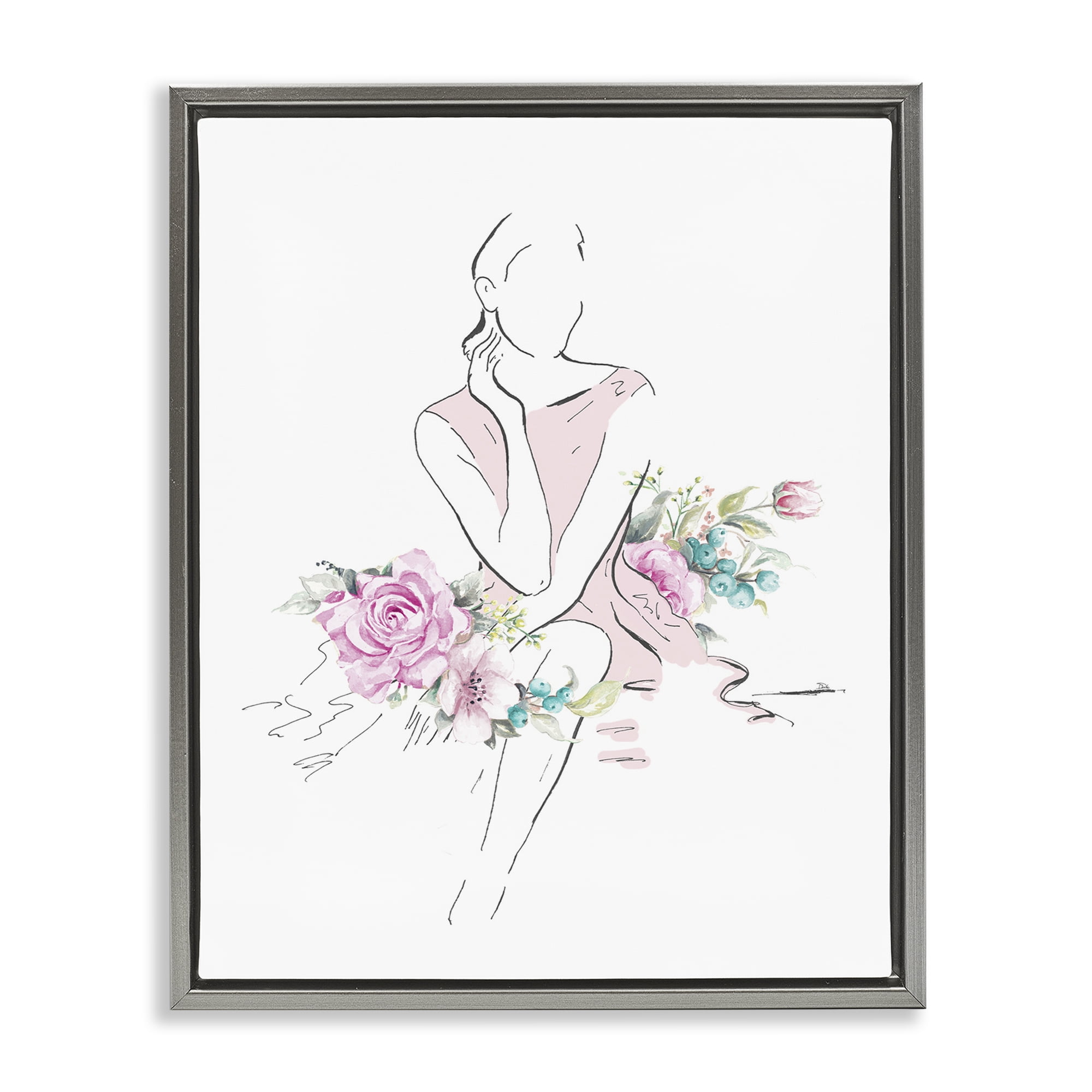 Stupell Industries Soft Floral Fashion Novelty Painting Gray Floater Framed Art Print Wall Art, 17 x 21