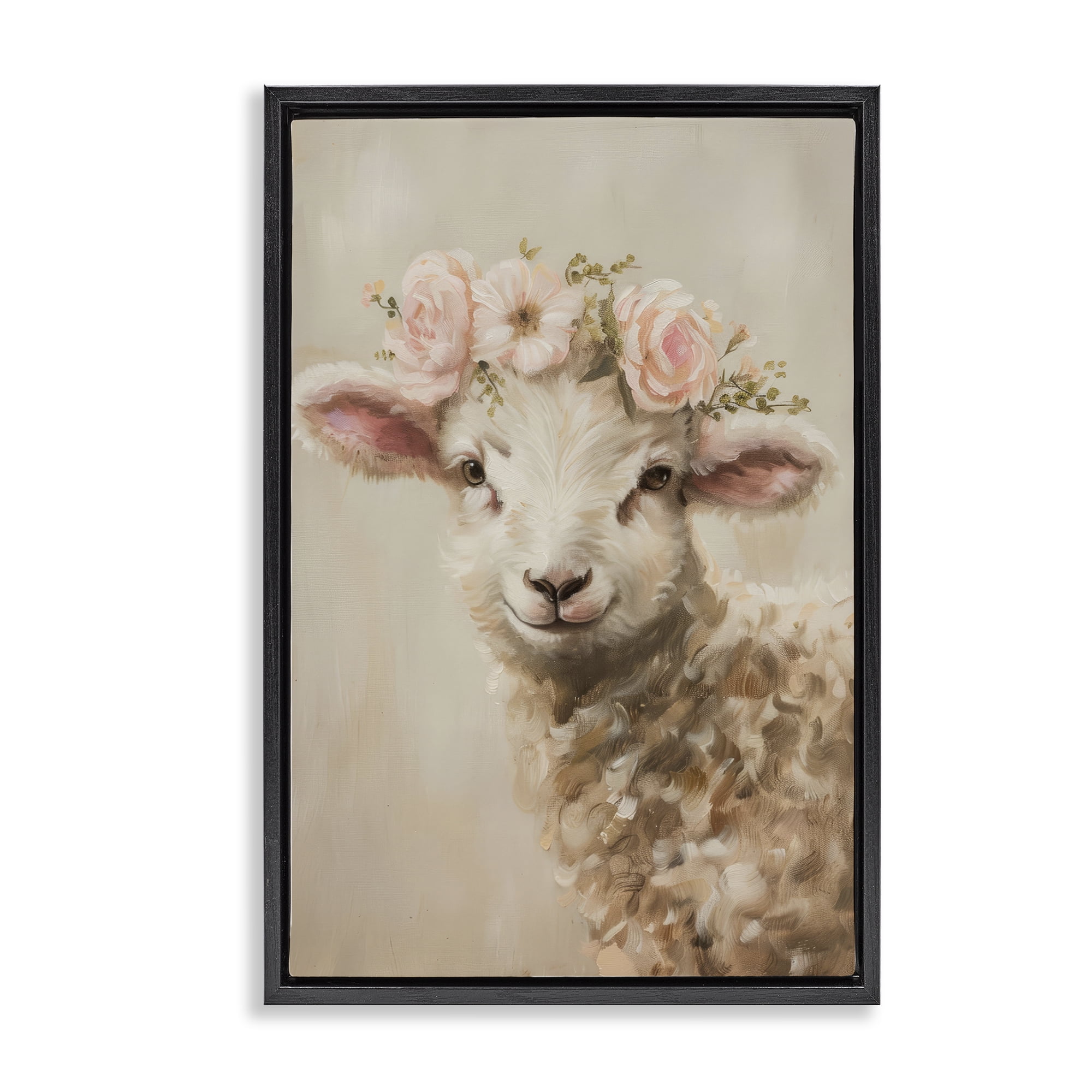 Stupell Industries Soft Floral Lamb Animals & Insects Painting Black Floater Framed Canvas Art Print Wall Art, 21 x 31