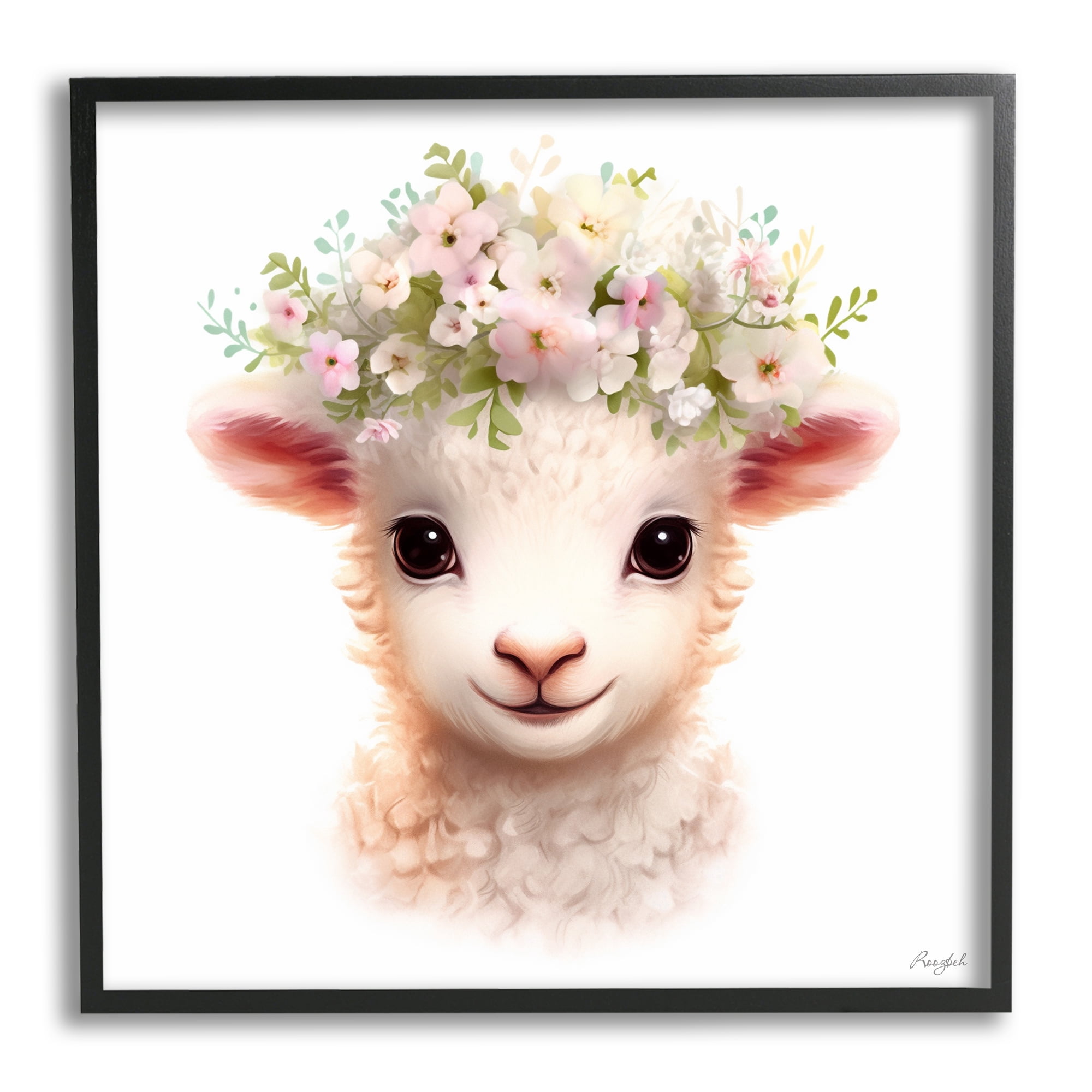 Stupell Industries Soft Floral Lamb Animals & Insects Painting Black Framed Art Print Wall Art, 24 x 24