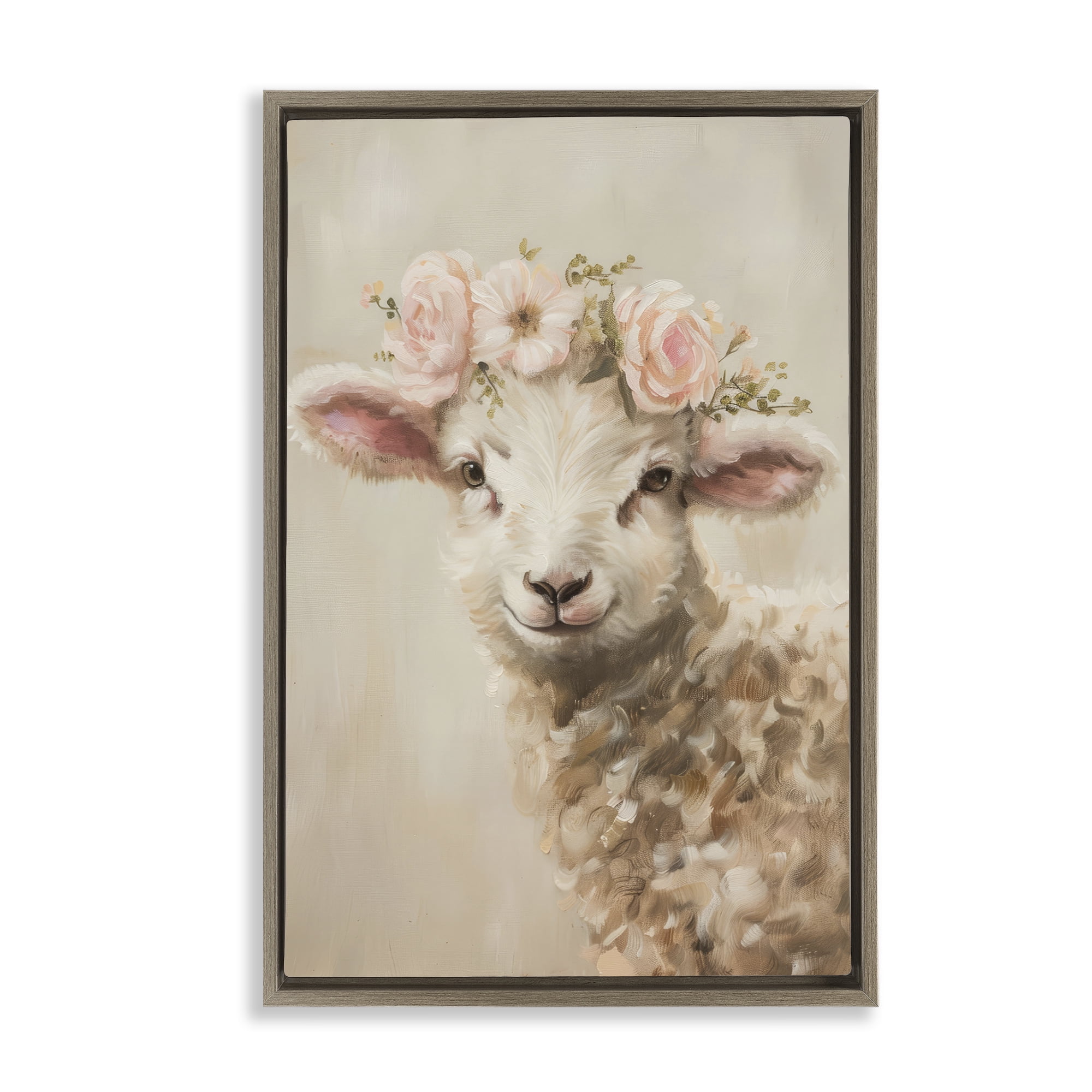 Stupell Industries Soft Floral Lamb Animals & Insects Painting Brown Floater Framed Canvas Art Print Wall Art, 17 x 25