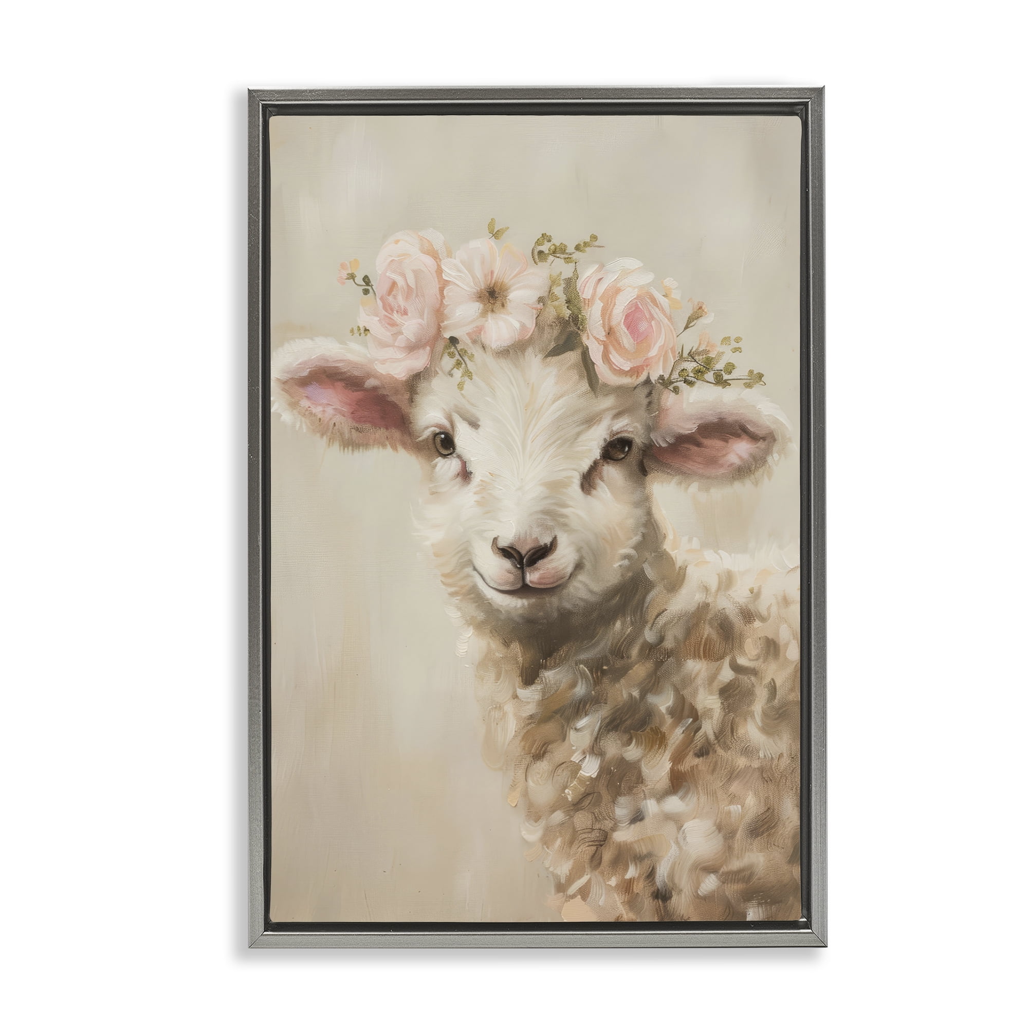 Stupell Industries Soft Floral Lamb Animals & Insects Painting Gray Floater Framed Canvas Art Print Wall Art, 17 x 25
