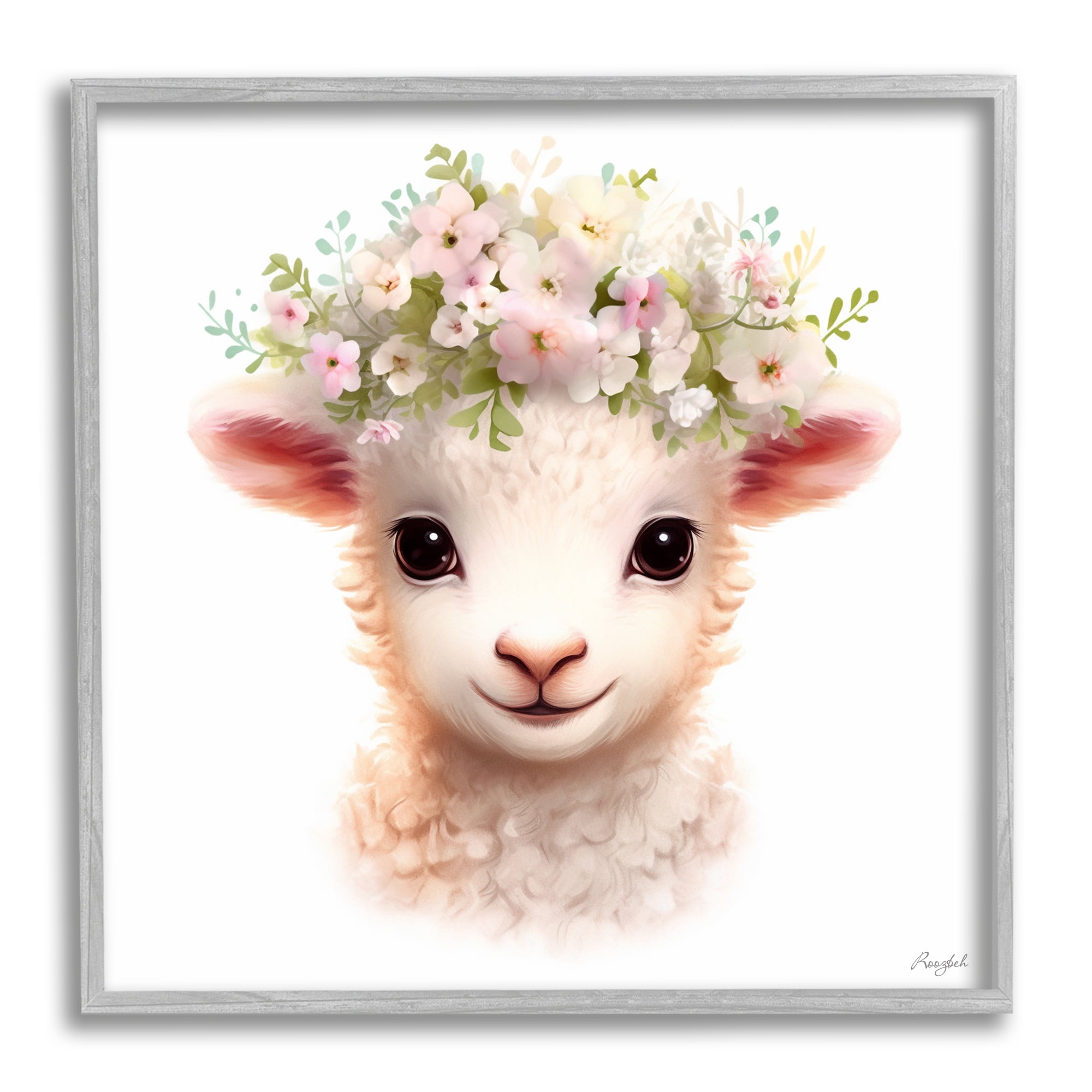 Stupell Industries Soft Floral Lamb Animals & Insects Painting Gray Framed Art Print Wall Art, 12 x 12