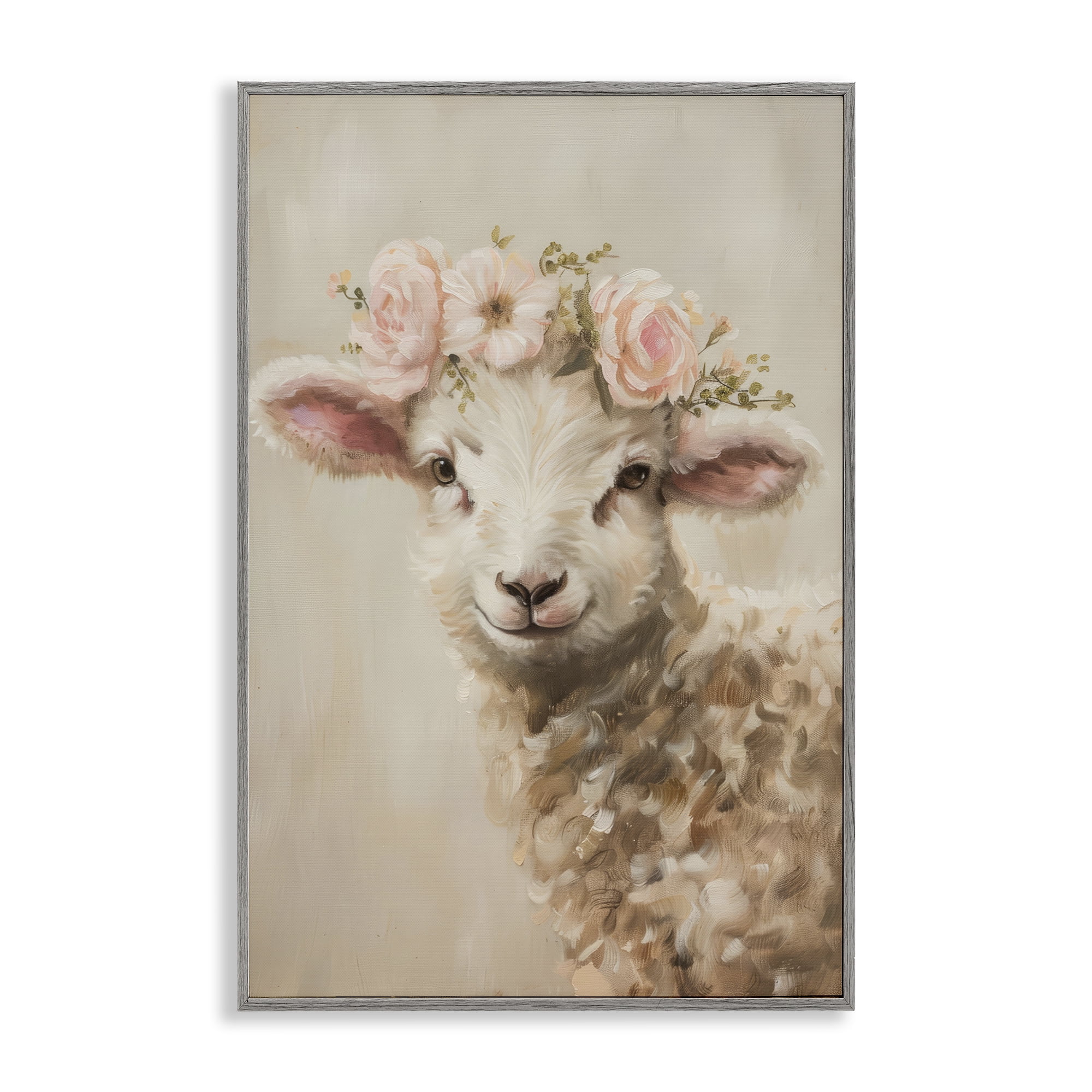 Stupell Industries Soft Floral Lamb Animals & Insects Painting Gray Framed Art Print Wall Art, 12 x 18