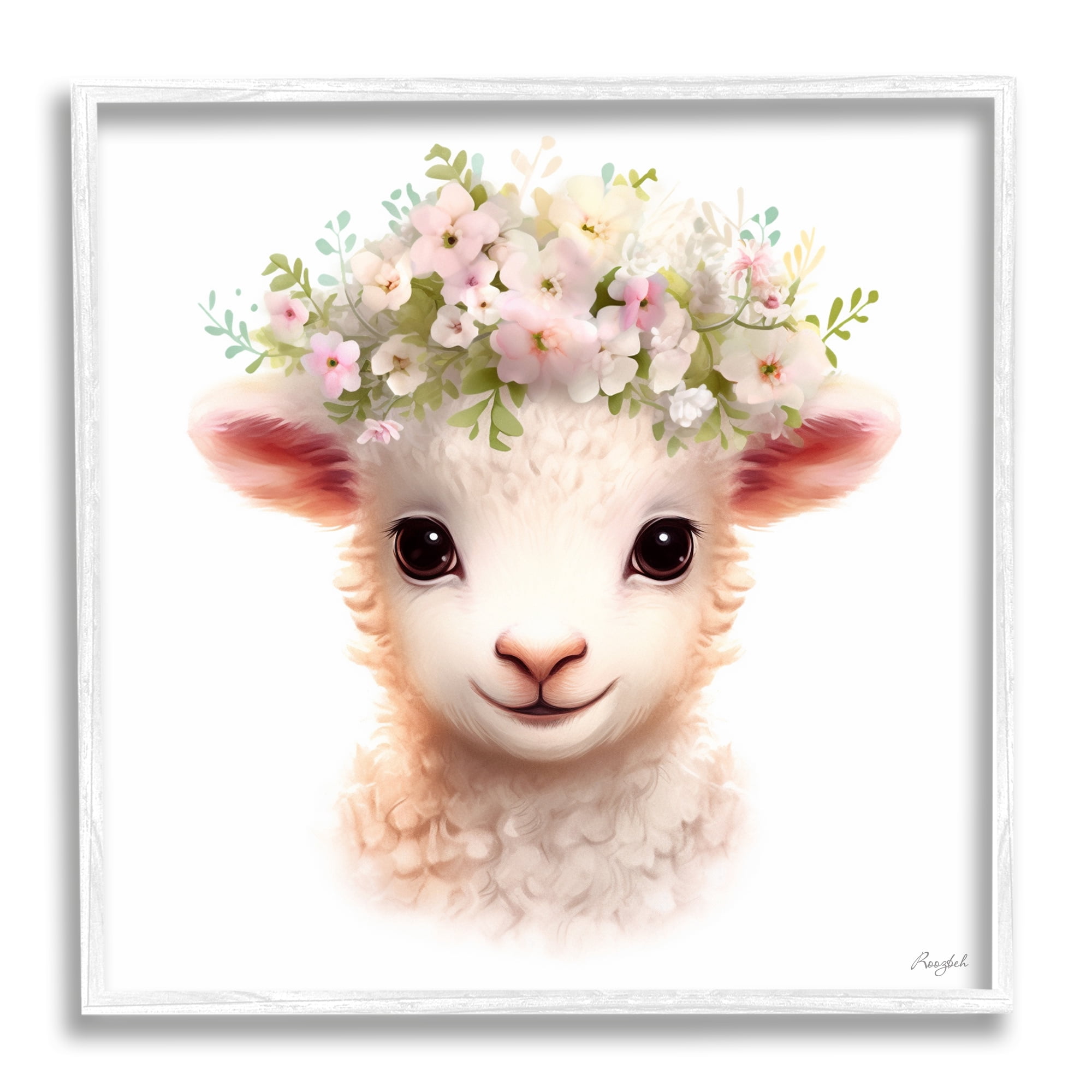 Stupell Industries Soft Floral Lamb Animals & Insects Painting White Framed Art Print Wall Art, 24 x 24