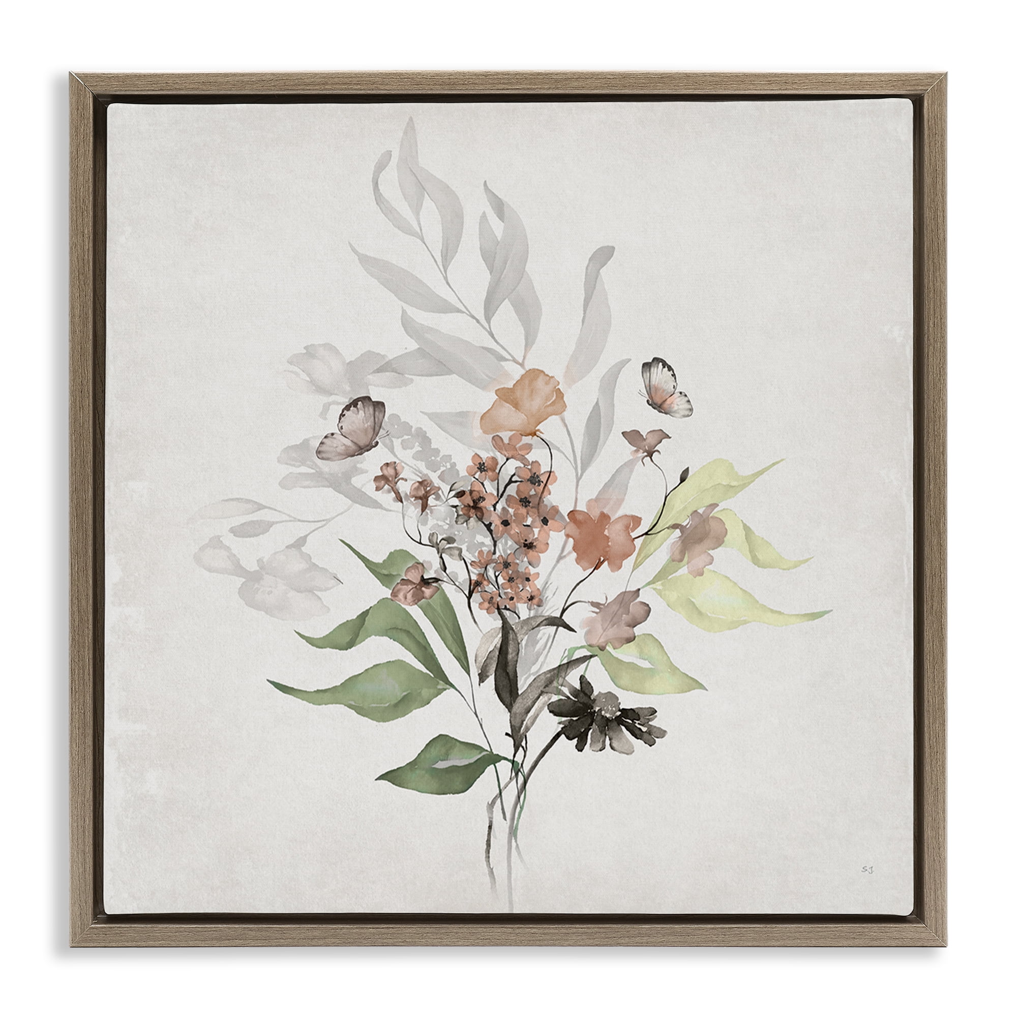 Stupell Industries Soft Florals & Butterfly Plants & Flowers Painting Brown Floater Framed Canvas Art Print Wall Art, 18 x 18