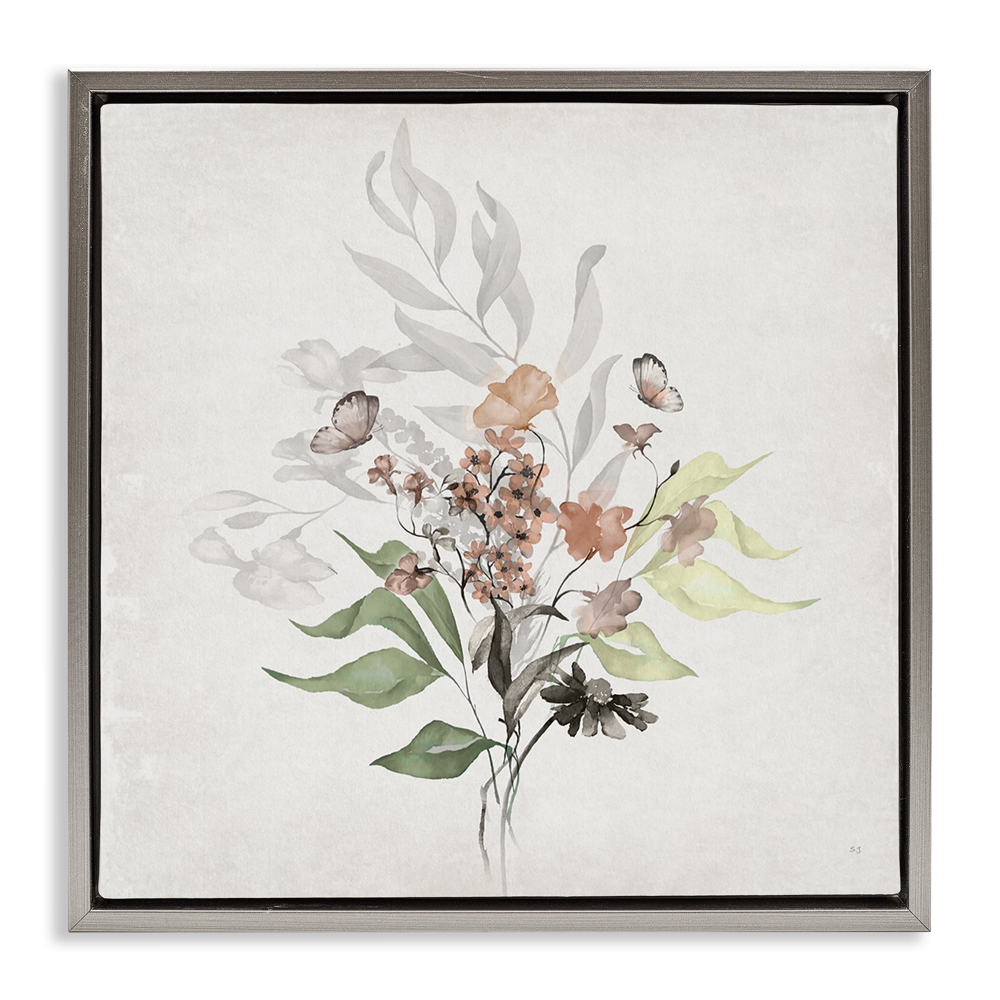 Stupell Industries Soft Florals & Butterfly Plants & Flowers Painting Gray Floater Framed Canvas Art Print Wall Art, 25 x 25
