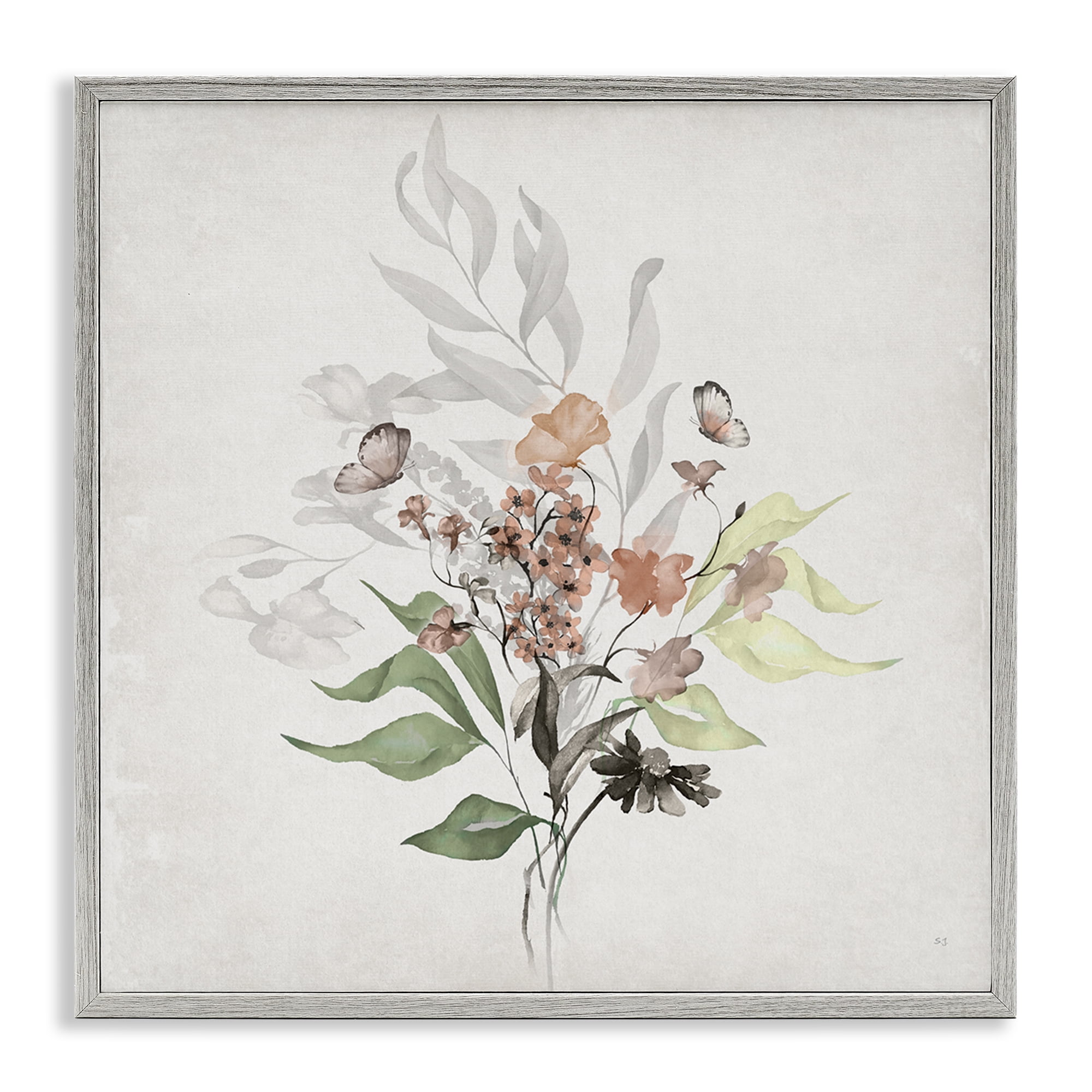 Stupell Industries Soft Florals & Butterfly Plants & Flowers Painting Gray Framed Art Print Wall Art, 17 x 17
