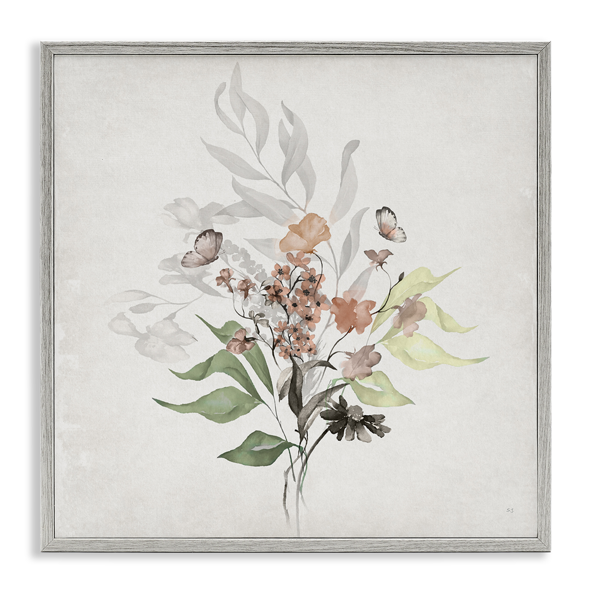 Stupell Industries Soft Florals & Butterfly Plants & Flowers Painting Gray Framed Art Print Wall Art, 24 x 24