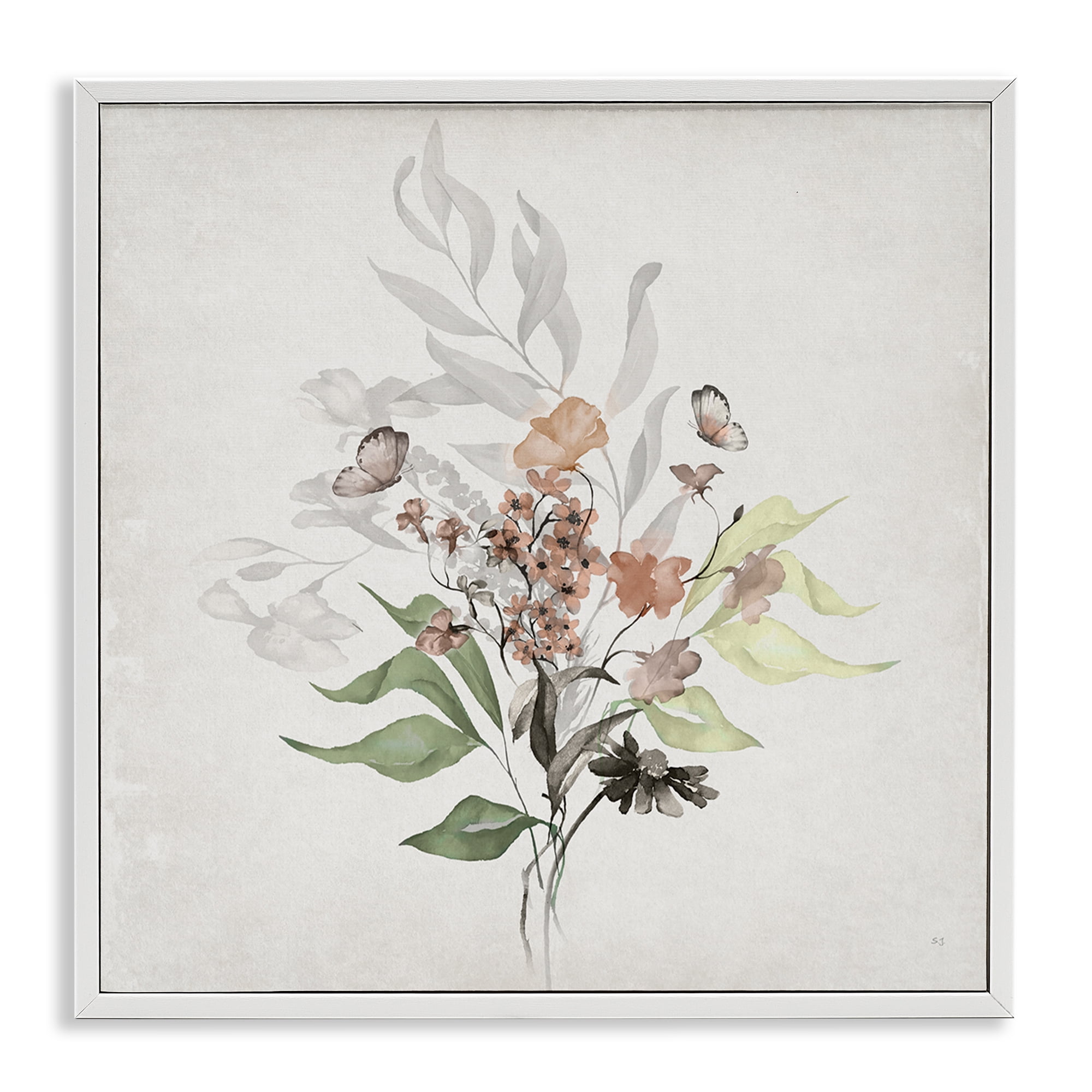Stupell Industries Soft Florals & Butterfly Plants & Flowers Painting White Framed Art Print Wall Art, 17 x 17