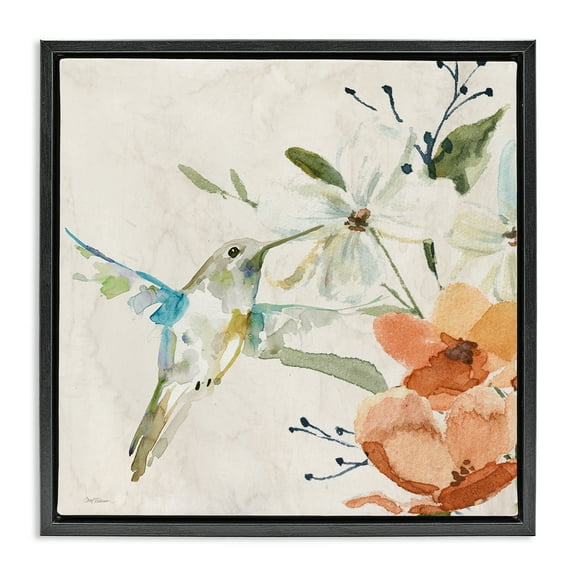 Stupell Industries Soft Florals & Hummingbird Plants & Flowers Painting Black Floater Framed Canvas Art Print Wall Art, 18 x 18