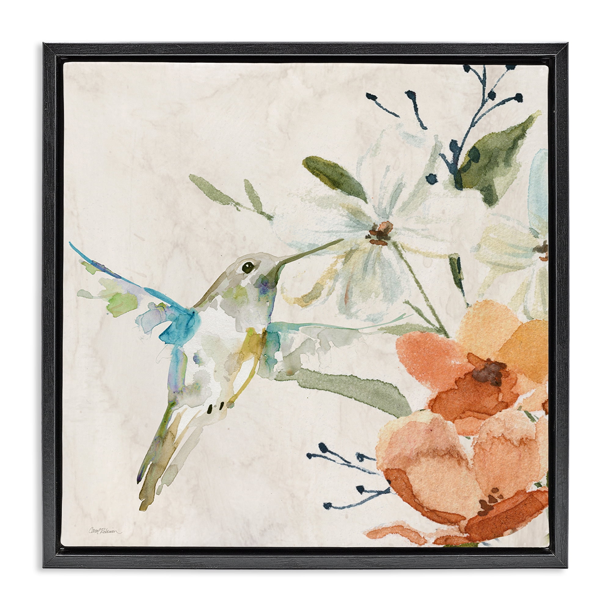 Stupell Industries Soft Florals & Hummingbird Plants & Flowers Painting Black Floater Framed Canvas Art Print Wall Art, 25 x 25