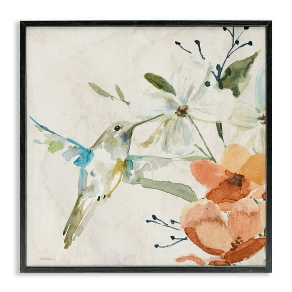 Stupell Industries Soft Florals & Hummingbird Plants & Flowers Painting Black Framed Art Print Wall Art, 12 x 12