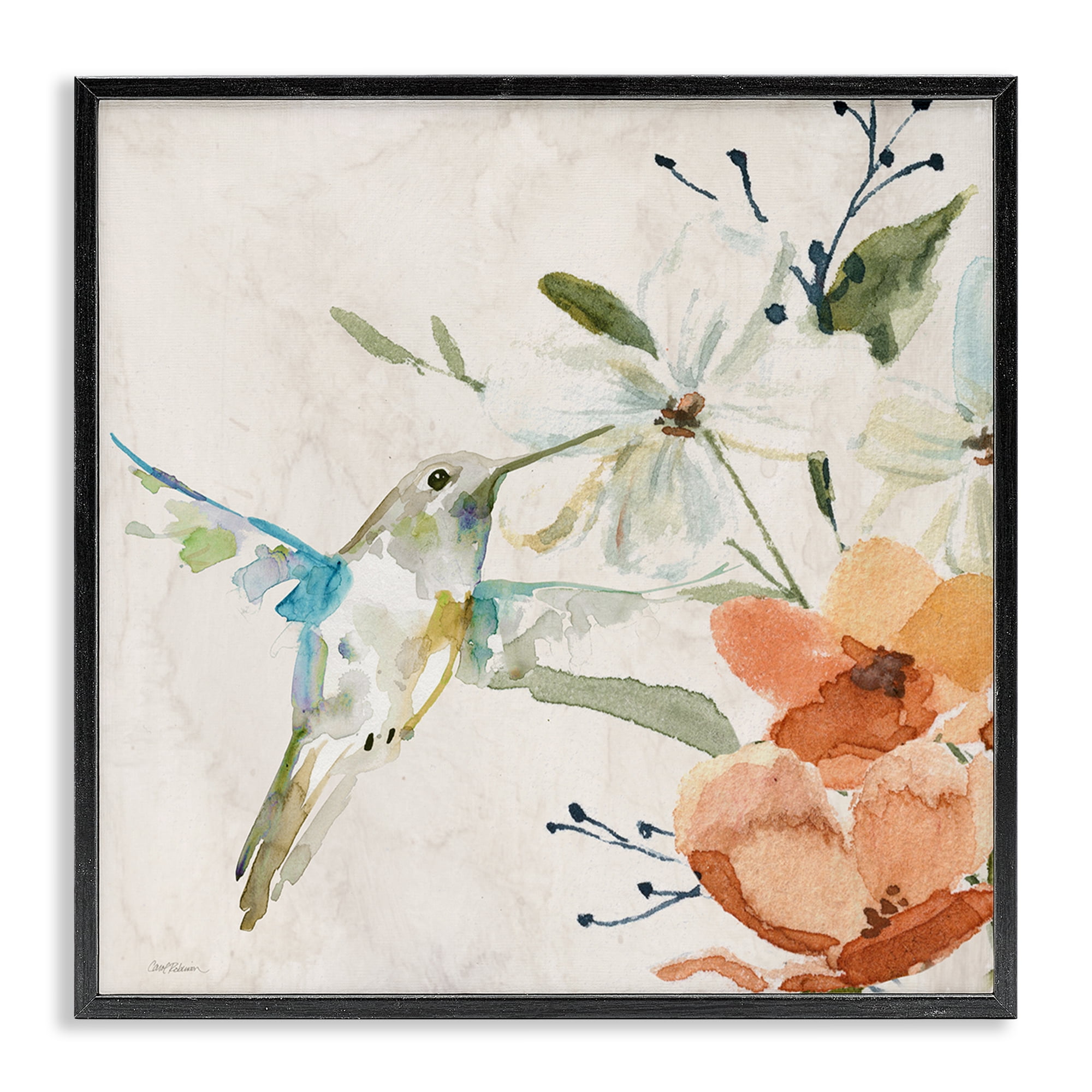 Stupell Industries Soft Florals & Hummingbird Plants & Flowers Painting Black Framed Art Print Wall Art, 17 x 17
