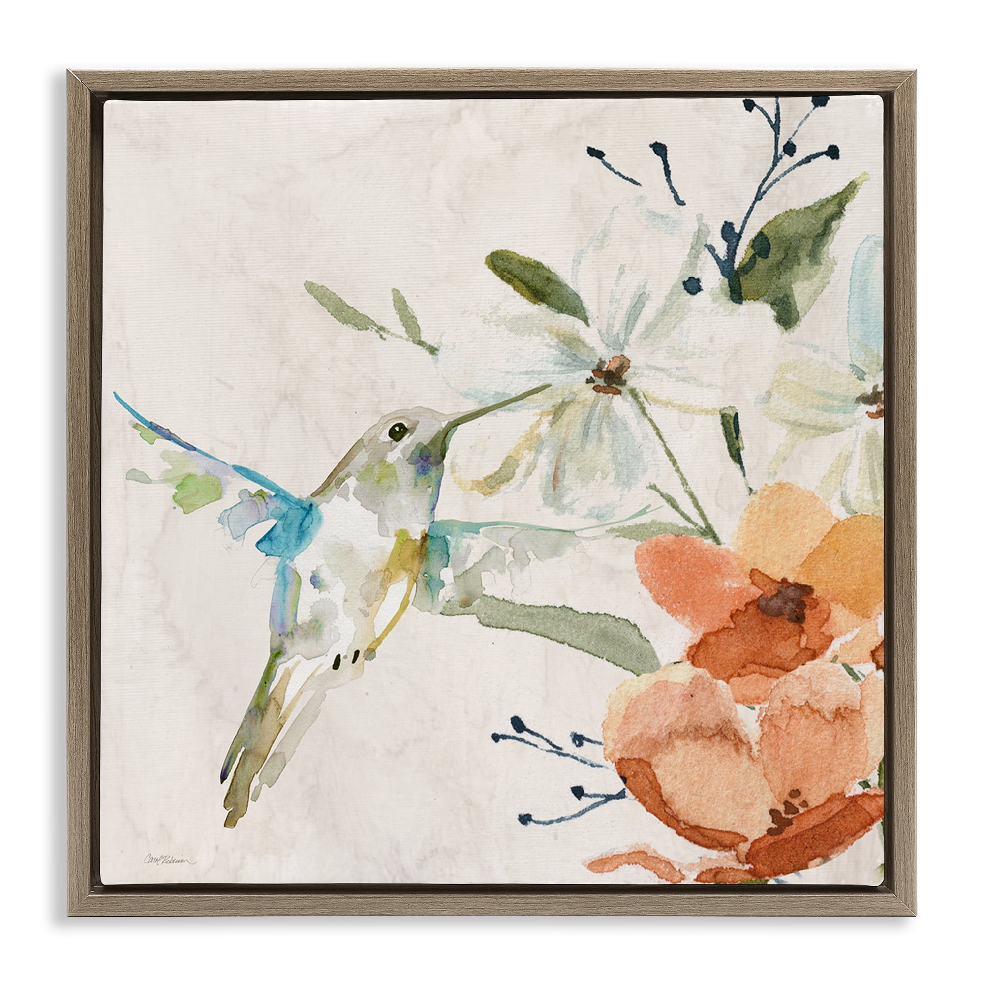 Stupell Industries Soft Florals & Hummingbird Plants & Flowers Painting Brown Floater Framed Canvas Art Print Wall Art, 25 x 25
