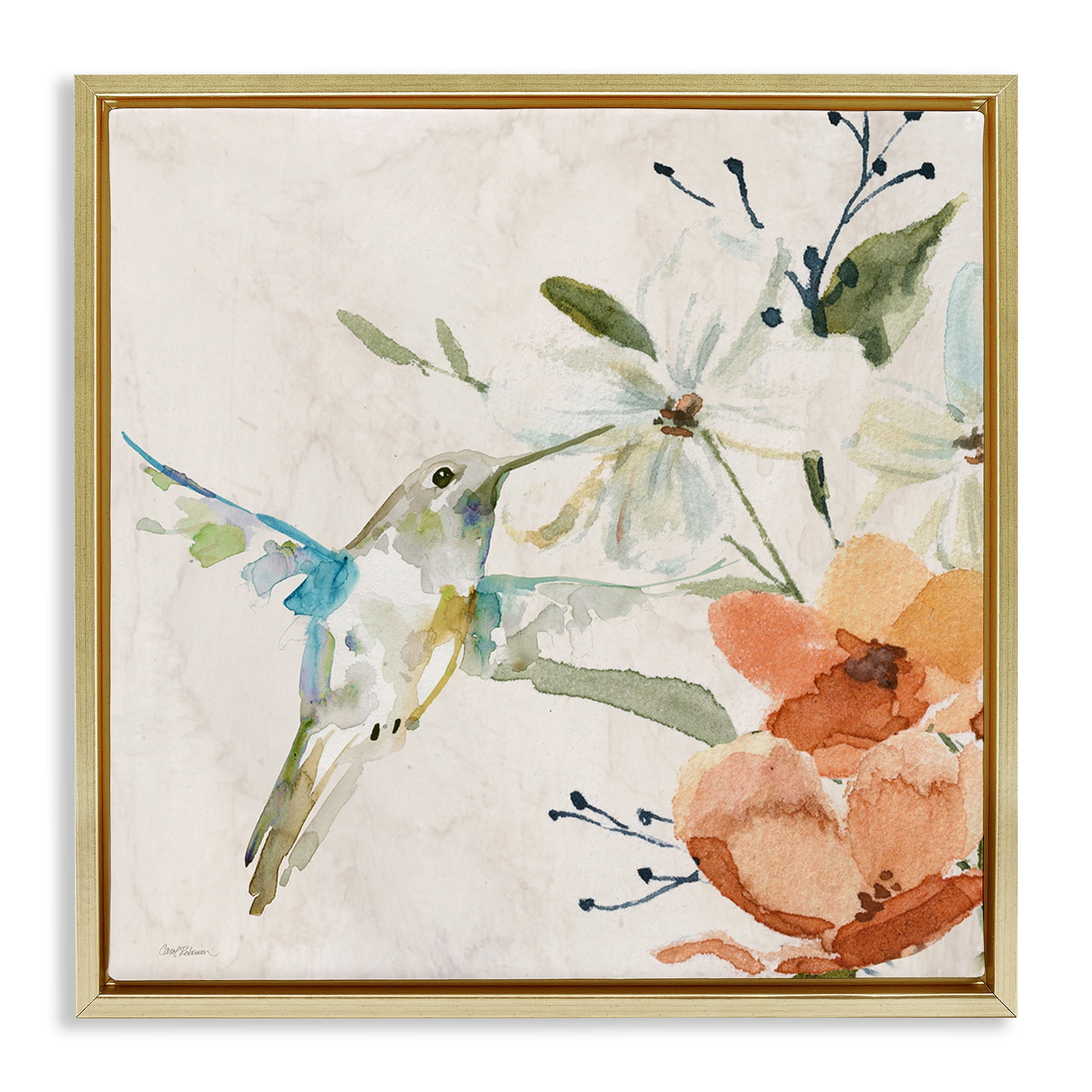 Stupell Industries Soft Florals & Hummingbird Plants & Flowers Painting Gold Floater Framed Canvas Art Print Wall Art, 18 x 18