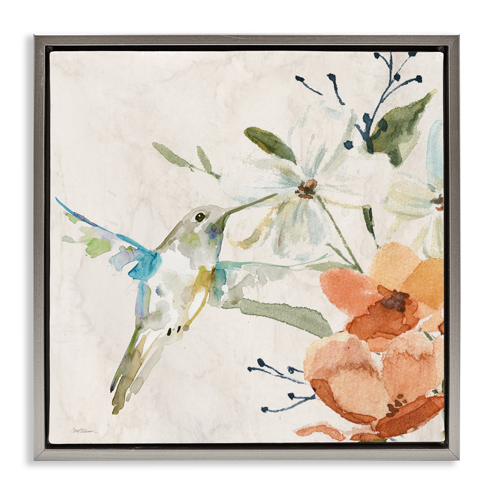 Stupell Industries Soft Florals & Hummingbird Plants & Flowers Painting Gray Floater Framed Canvas Art Print Wall Art, 25 x 25