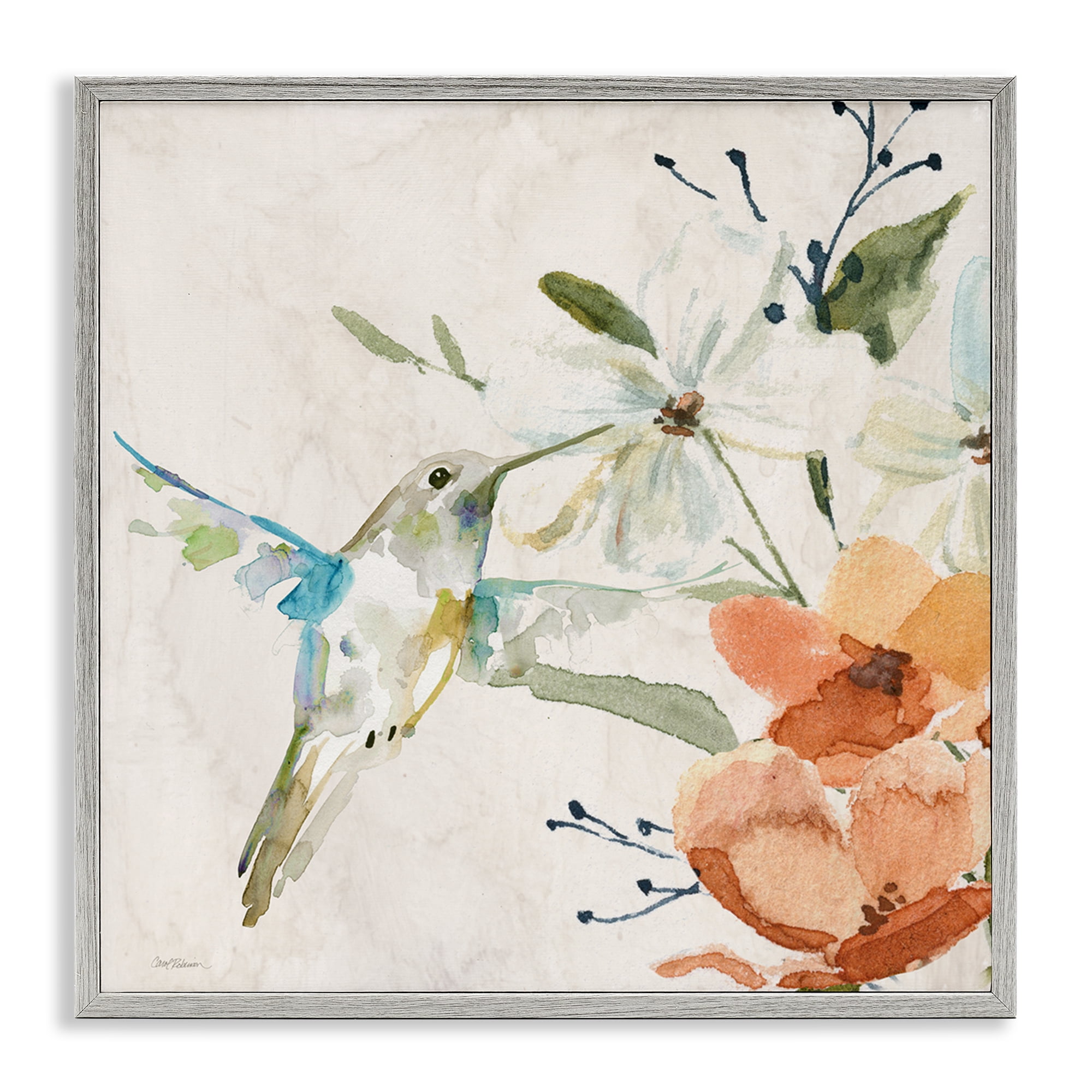 Stupell Industries Soft Florals & Hummingbird Plants & Flowers Painting Gray Framed Art Print Wall Art, 12 x 12