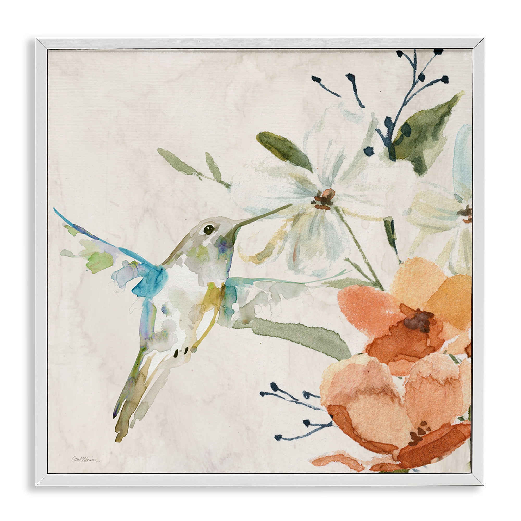 Stupell Industries Soft Florals & Hummingbird Plants & Flowers Painting White Framed Art Print Wall Art, 12 x 12