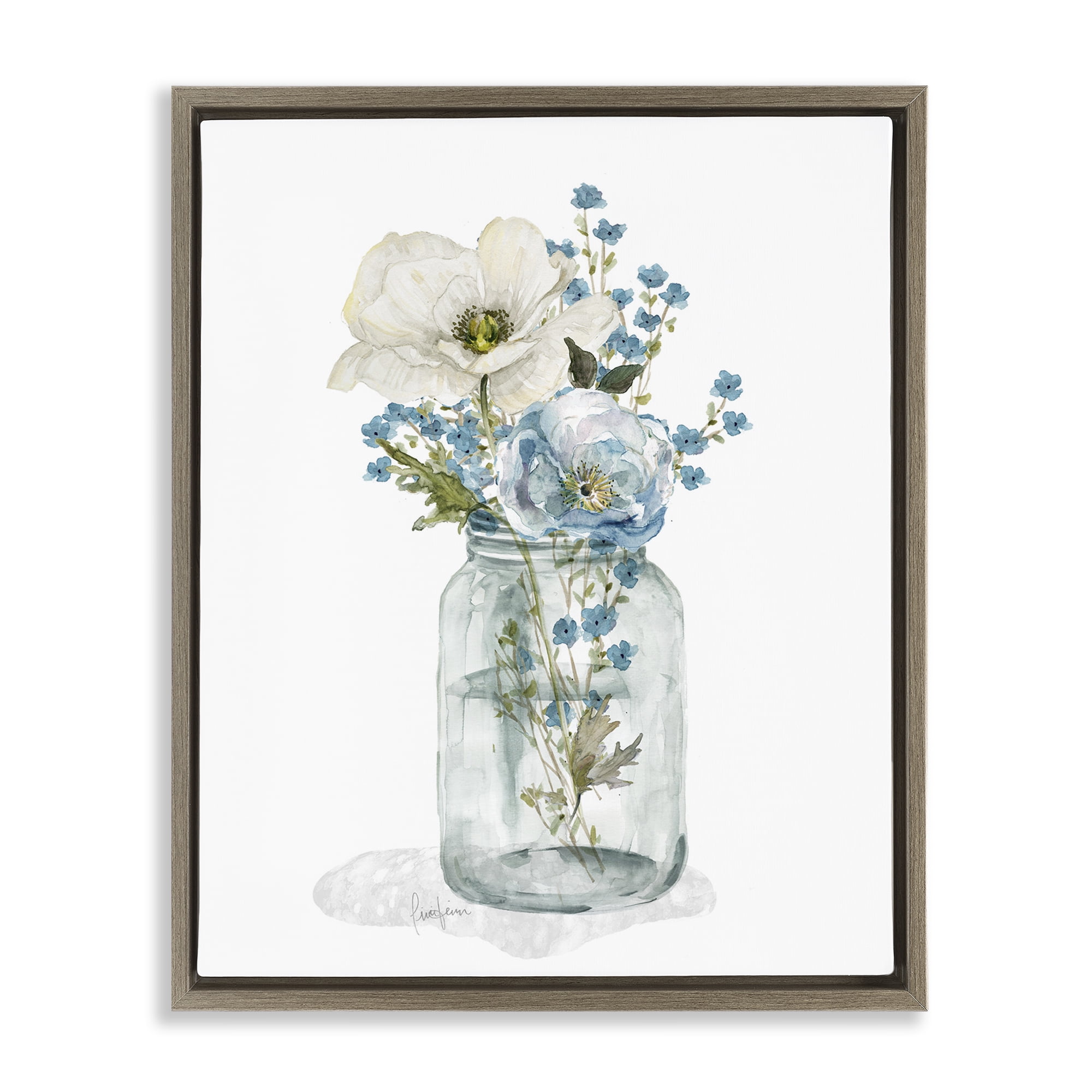 Stupell Industries Soft Flower Jar Botanical & Floral Painting Brown Floater Framed Art Print Wall Art, 25 x 31