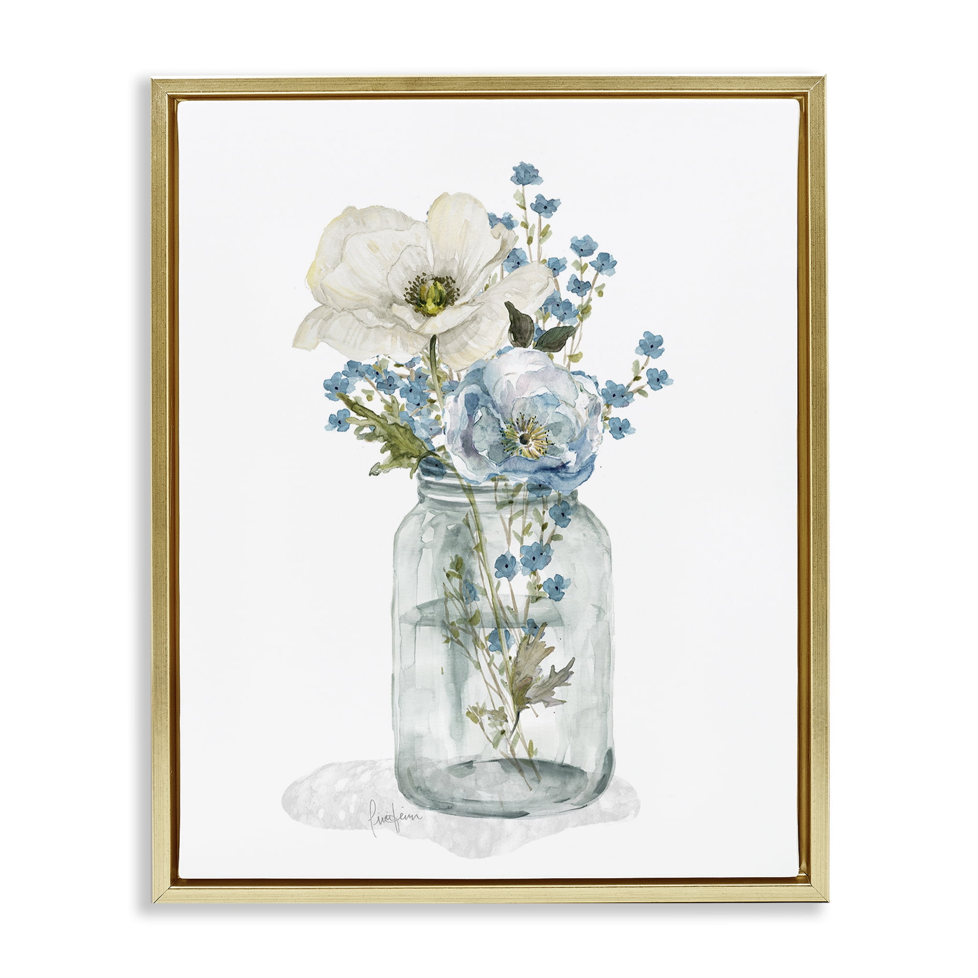 Stupell Industries Soft Flower Jar Botanical & Floral Painting Gold Floater Framed Art Print Wall Art, 17 x 21